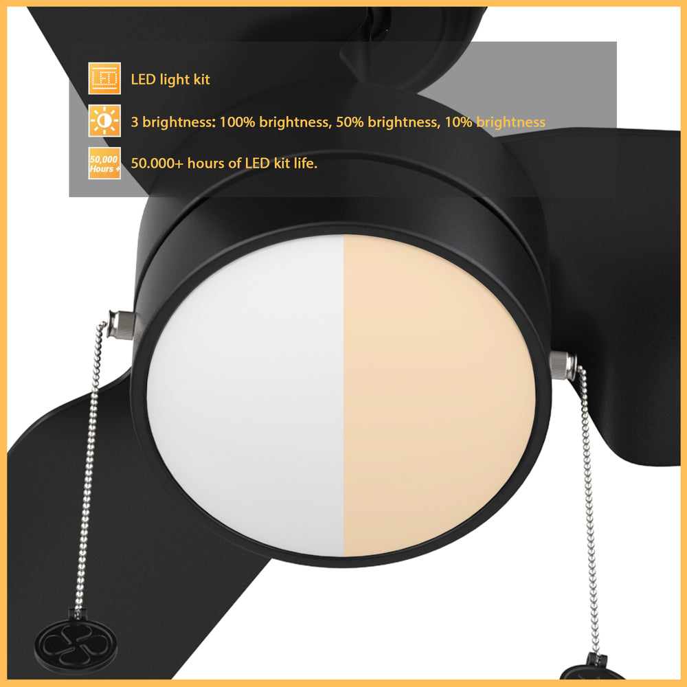 A pure black exterior, elegant ABS blades, and a charming LED light cover come together to create the classic Venteto 52 inch pull-chain ceiling fan with light. 