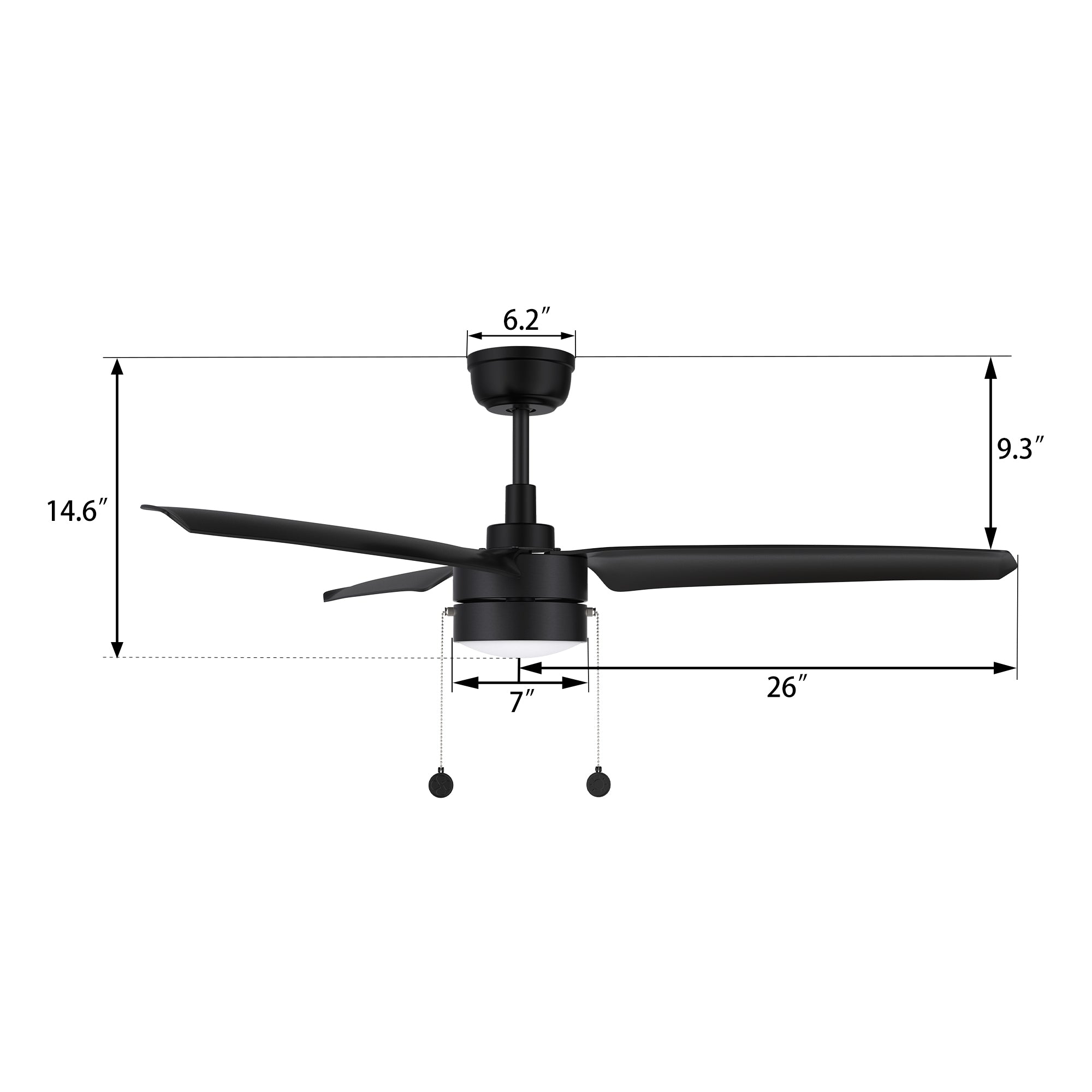 A pure black exterior, elegant ABS blades, and a charming LED light cover come together to create the classic Venteto 52 inch pull-chain ceiling fan with light. #color_black