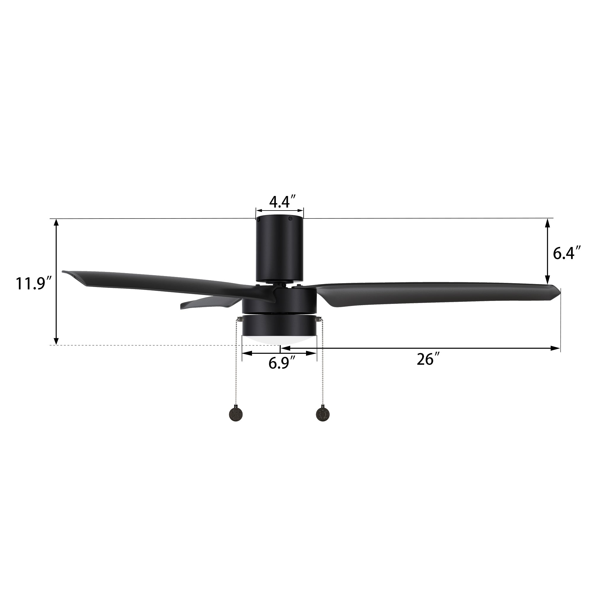 Smafan Carro Vesper 52 inch pull chain ceiling fan with light, size detail. #color_black