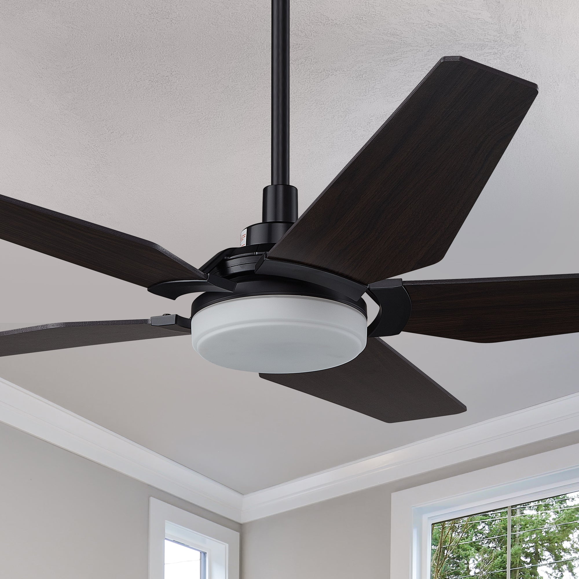 Smafan Voyager 52 inch smart ceiling fan designed with elegant plywood blades, Glass shade and has an integrated 4000K LED daylight. #color_dark-wood