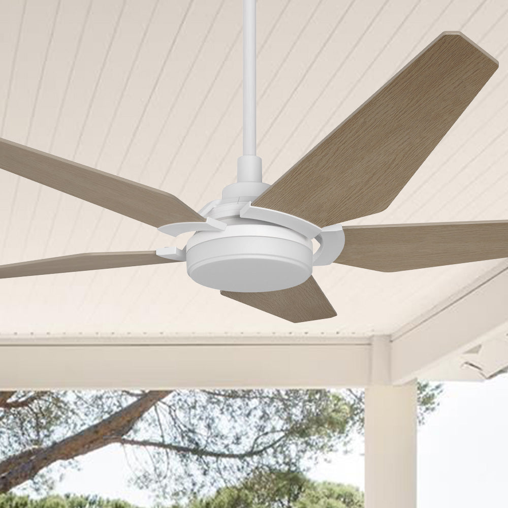 mafan Voyager 52 inch smart ceiling fan designs with light wood finish, elegant plywood blades, glass shade and has an integrated 4000K LED daylight. 