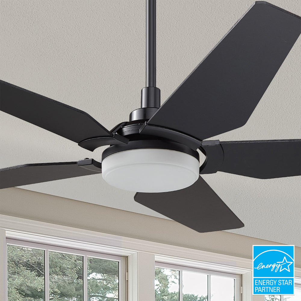 Smafan Voyager 52 inch smart ceiling fan designs with black finish, elegant plywood blades, glass shade and has an integrated 4000K LED daylight. #color_Black