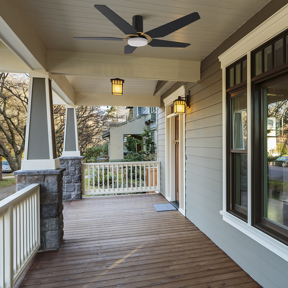 Smafan Carro 52 inch Voyager outdoor ceiling Fan, 5 black plywood fan blades, low profile, flush mounted in a covered porch. 