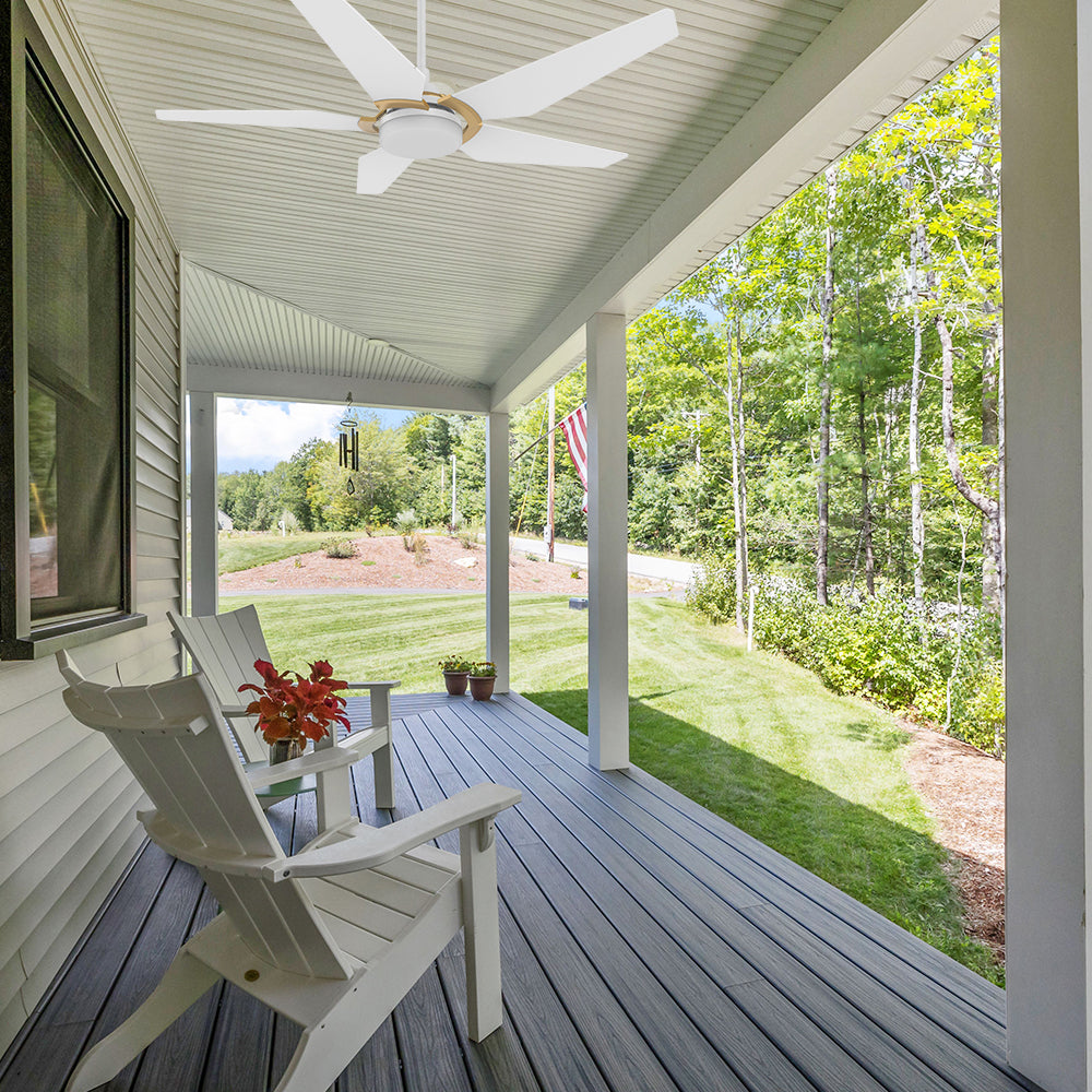 Smafan Voyager 52 inch smart outdoor ceiling Fan with light kit, 5 fan blades, white and gold design, 6 inch extended rod included, mounting in a outdoor patio. 