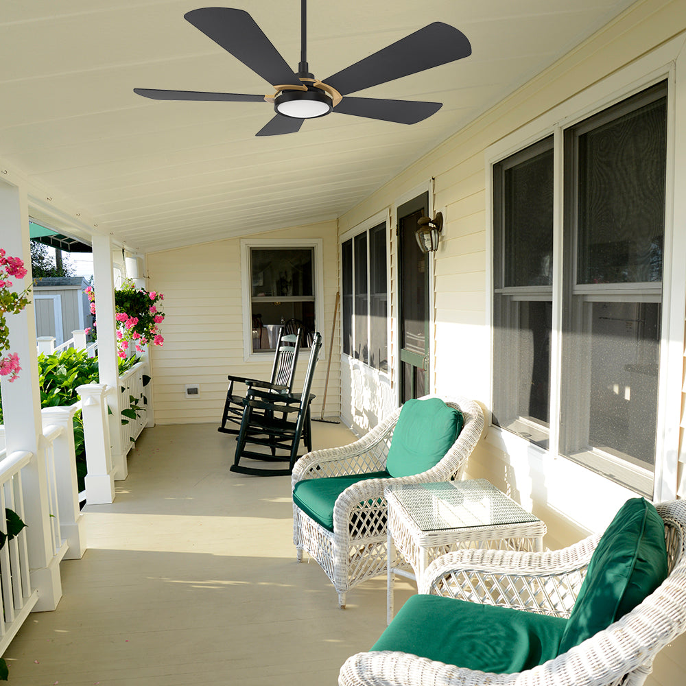 Smafan Carro Wilkes 56 inch outdoor ceiling Fan, 5 black plywood fan blades, downrod mounted design, installed in a covered porch.