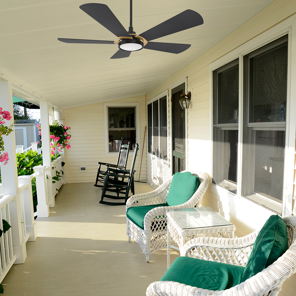 Smafan Carro Wilkes 56 inch outdoor ceiling Fan, 5 black plywood fan blades, downrod mounted design, installed in a covered porch. 