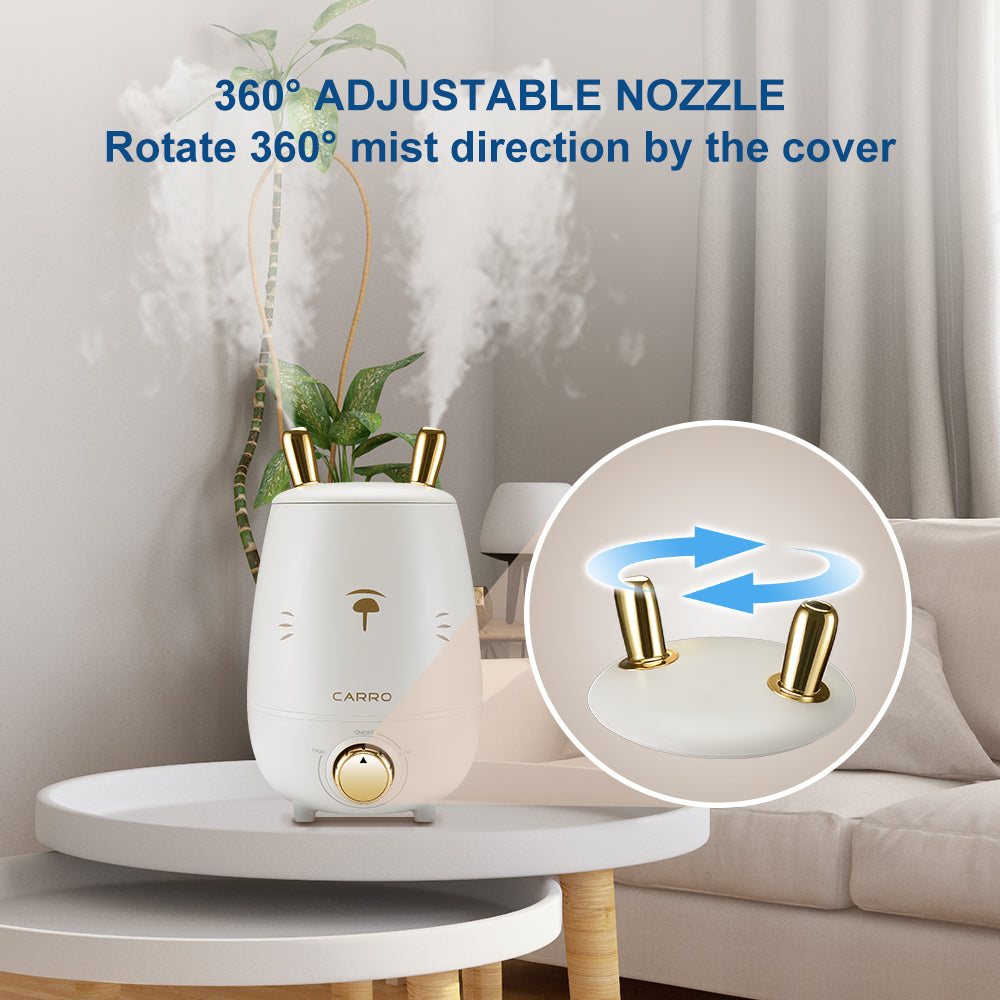 The humidifier is equipped with double lovely bunny-ear-shape Atomization Outlets and variable mist control rotary switch. A low water indicator light lets you know when it's time to refill the water tank. Carro humidifier creates a better home environment for those suffering from colds, allergies and dry skin.