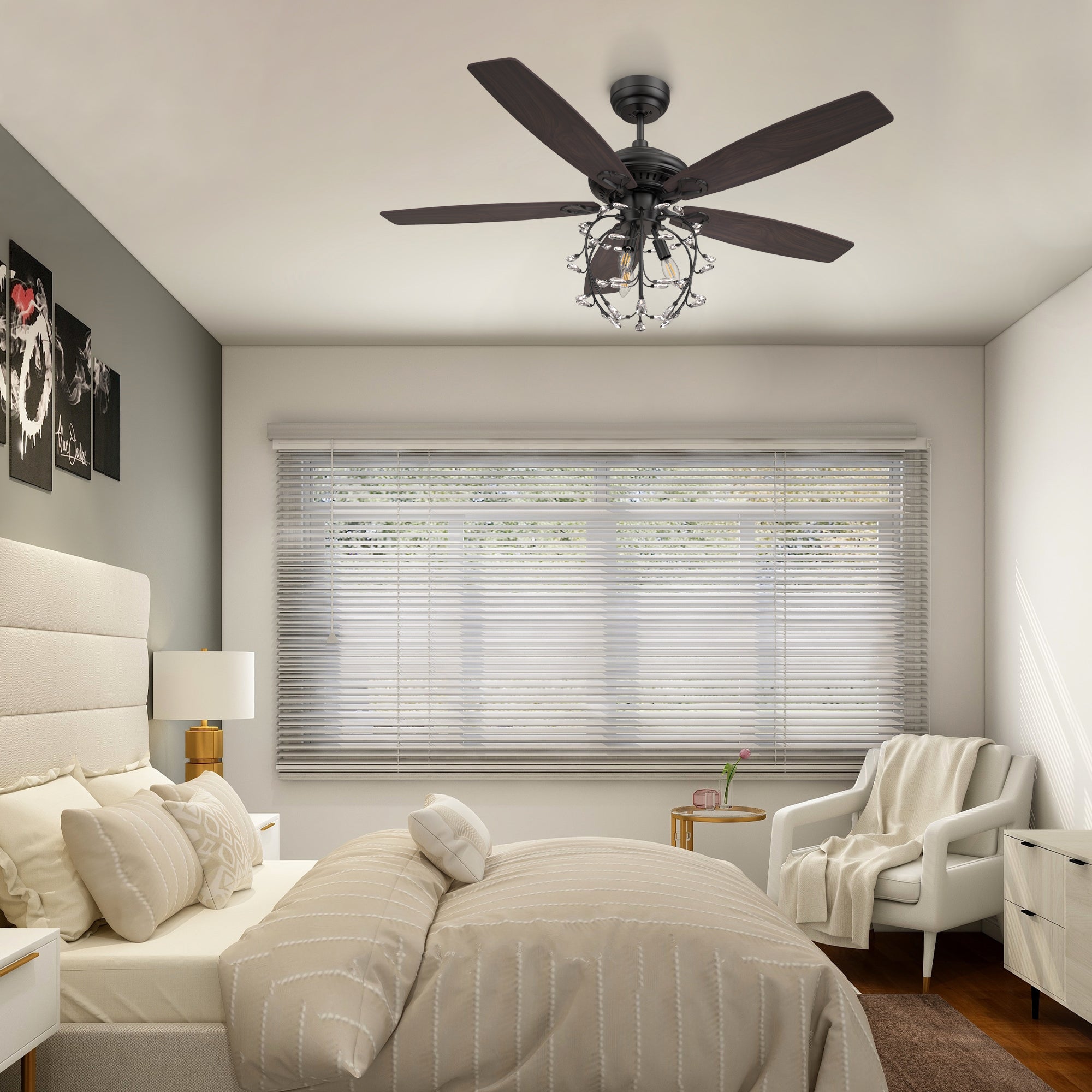 This Cedar 52&#39;&#39;ceiling fan keeps your space cool, bright, and stylish. It is a soft modern masterpiece perfect for your large indoor living spaces. This ceiling fan is a simplicity designing with black finish, use elegant Plywood blades and compatible with LED bulb(Not included). The fan features remote control.