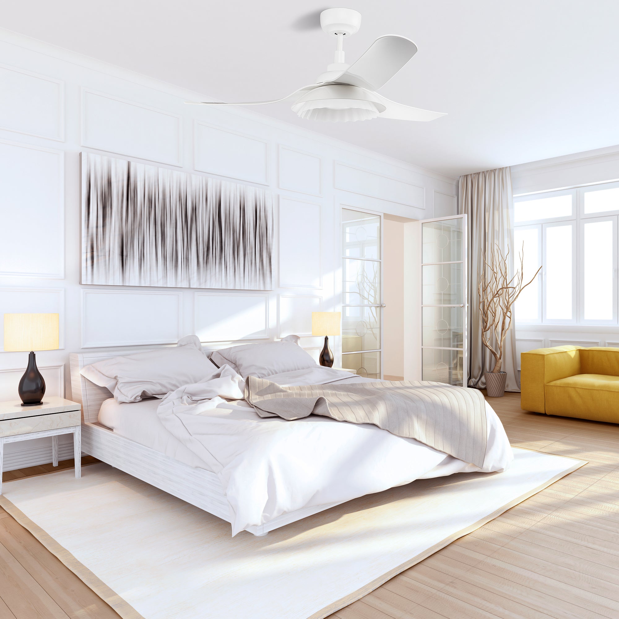 The  Smafan Daisy  52'' smart ceiling fan keeps your space cool, bright, and stylish. It is a soft modern masterpiece perfect for your large indoor living spaces. This Wifi smart ceiling fan is a simplicity designing with White finish, use very strong ABS blades and has an integrated 4000K LED daylight. 