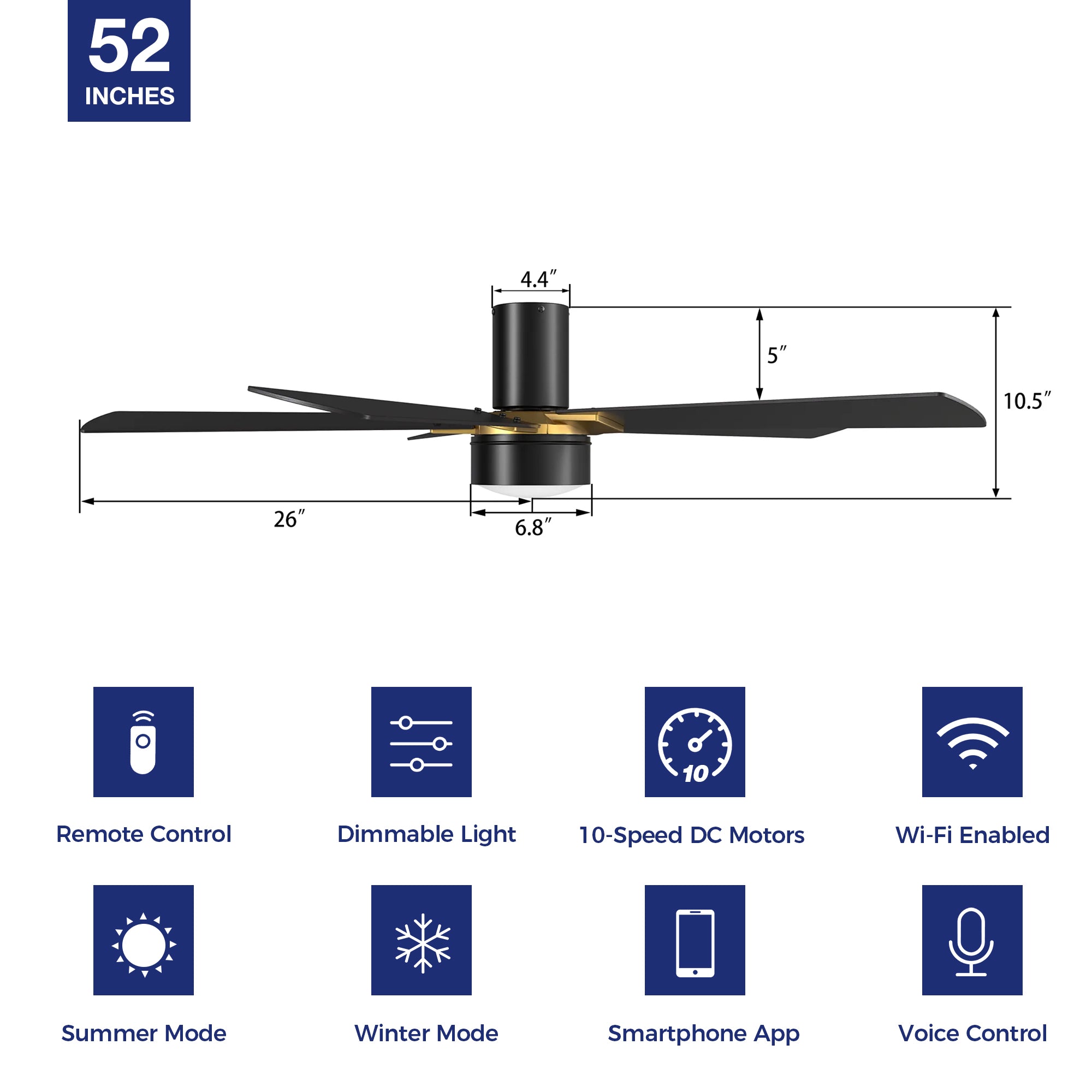 This Duluth 52&quot; smart ceiling fan keeps your space cool, bright, and stylish. It is a soft modern masterpiece perfect for your large indoor living spaces. This Wifi smart ceiling fan is a simplicity designing with Black finish, use elegant Plywood blades and has an integrated 4000K LED cool light. The fan features Remote control, Wi-Fi apps, Siri Shortcut and Voice control technology (compatible with Amazon Alexa and Google Home Assistant ) to set fan preferences.
