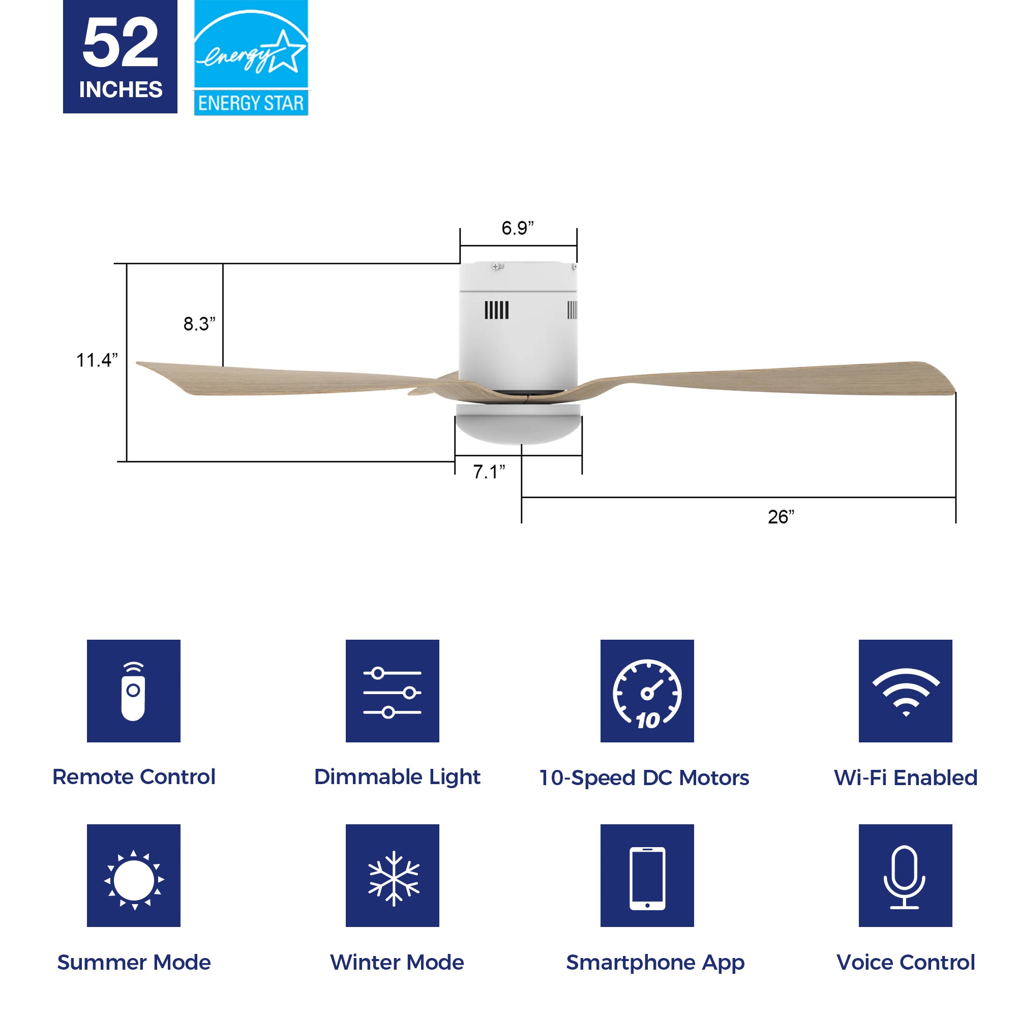 Smafan Elite Smart Ceiling Fan is compatible with Alexa, Siri, Google Assistant, smart app. It will bring a modern touch to your home décor. Elegant, quietness, and energy saving are some of its advantages. Available for outdoor/indoor use.