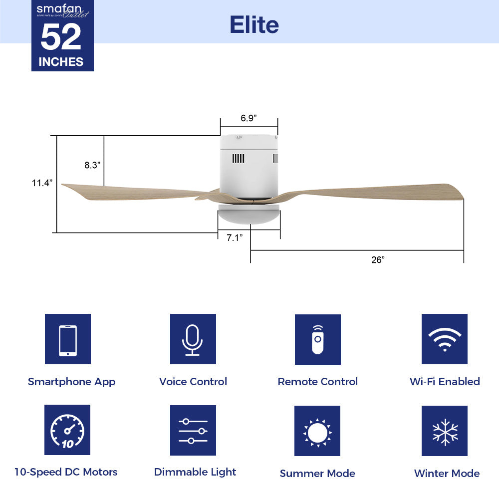 Smafan Elite Smart Ceiling Fan is compatible with Alexa, Siri, Google Assistant, smart app. It will bring a modern touch to your home décor. Elegant, quietness, and energy saving are some of its advantages. Available for outdoor/indoor use.