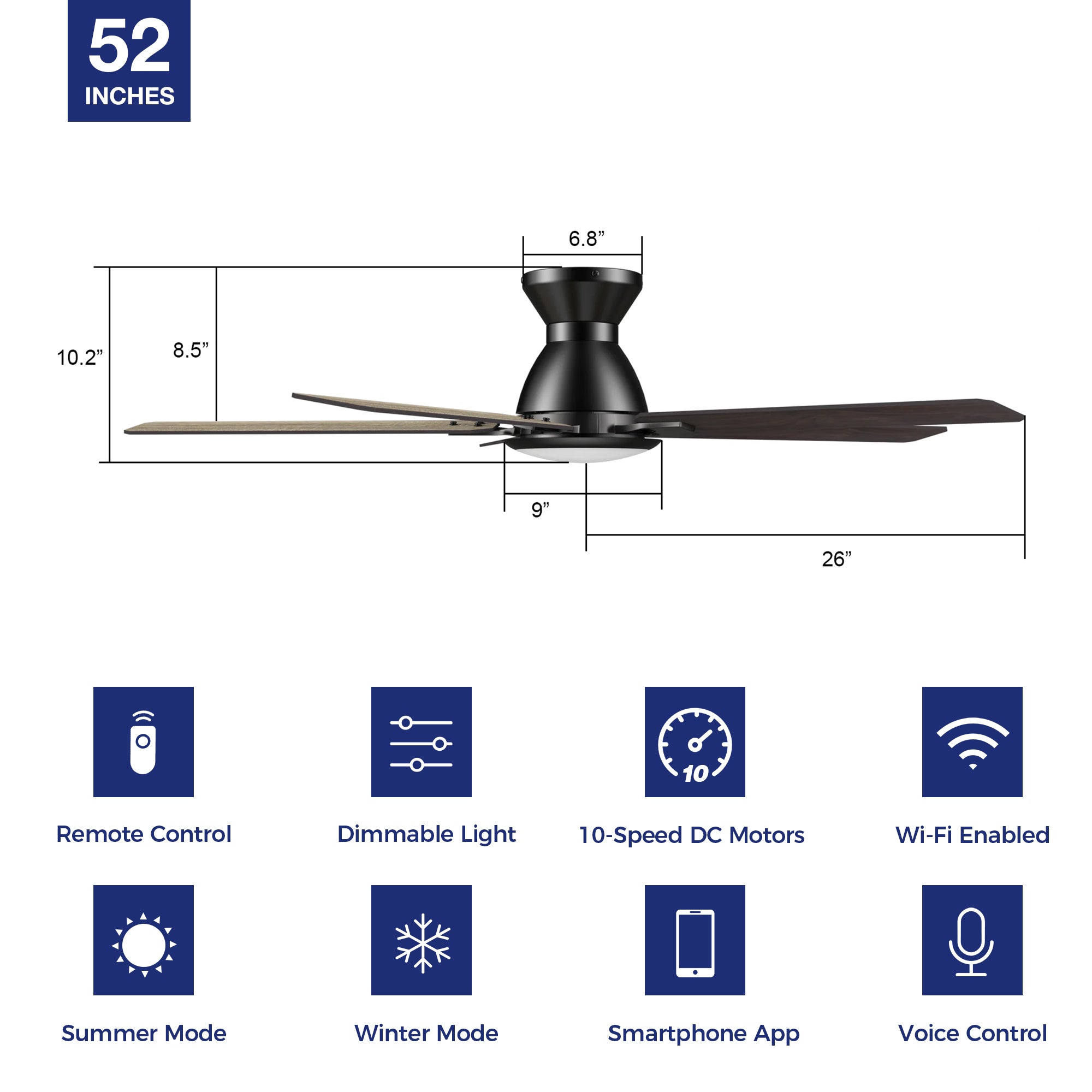 This Essex 52&#39;&#39; smart ceiling fan keeps your space cool, bright, and stylish. It is a soft modern masterpiece perfect for your large indoor living spaces. This Wi-Fi smart ceiling fan is a simplicity designing with Black finish, use elegant Plywood blades,Glass shade and has an integrated 4000K LED cool light. The fan features Remote control, Wi-Fi apps, Siri Shortcuts and Voice control technology (compatible with Amazon Alexa and Google Home Assistant ) to set fan preferences.