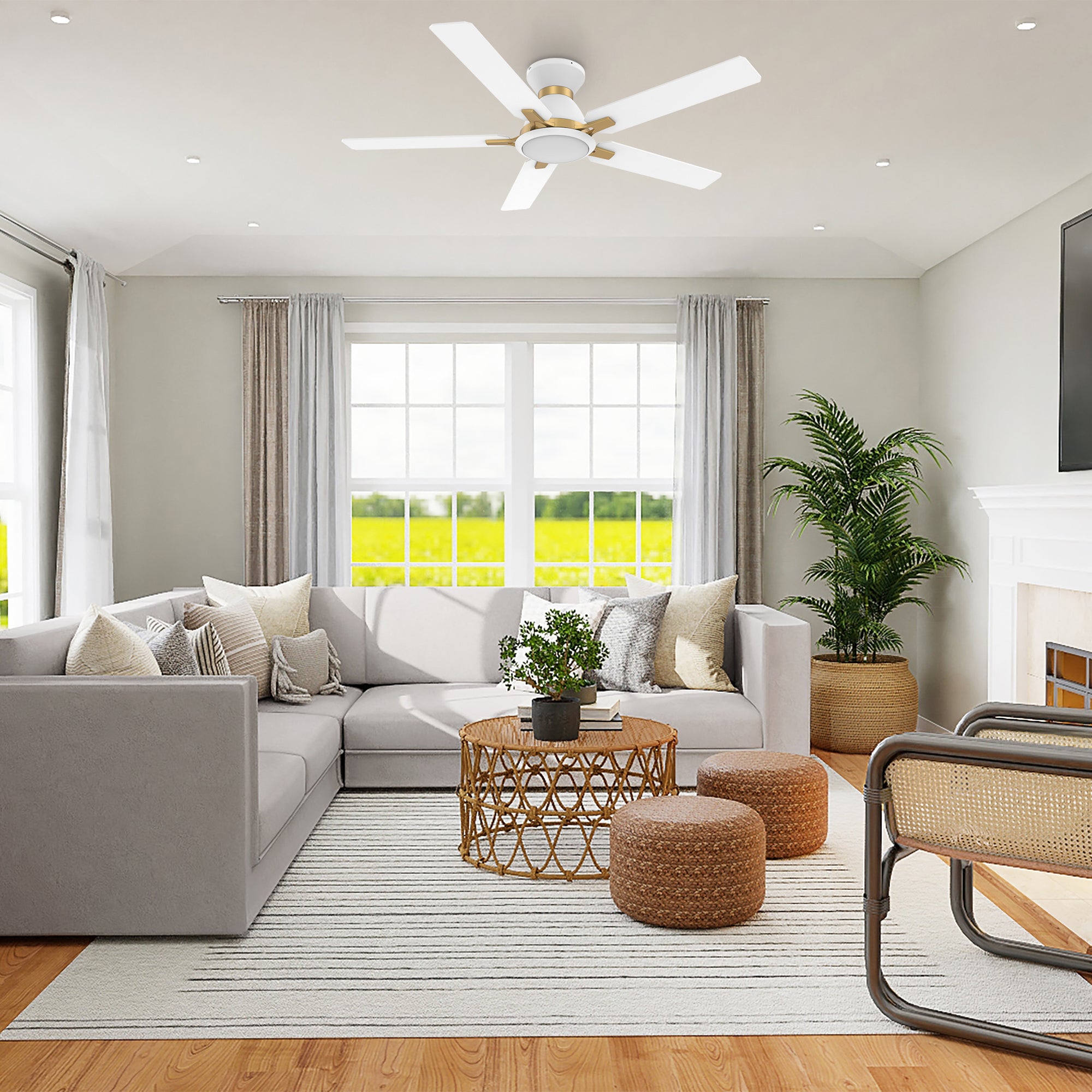 This Smafan Essex 52&#39;&#39; flush mount smart ceiling fan keeps your space cool, bright, and stylish. It is a soft modern masterpiece perfect for your large indoor living spaces. This Wifi smart ceiling fan is a simplicity designing with white finish, use elegant Plywood blades,Glass shade and has an integrated 4000K LED daylight.