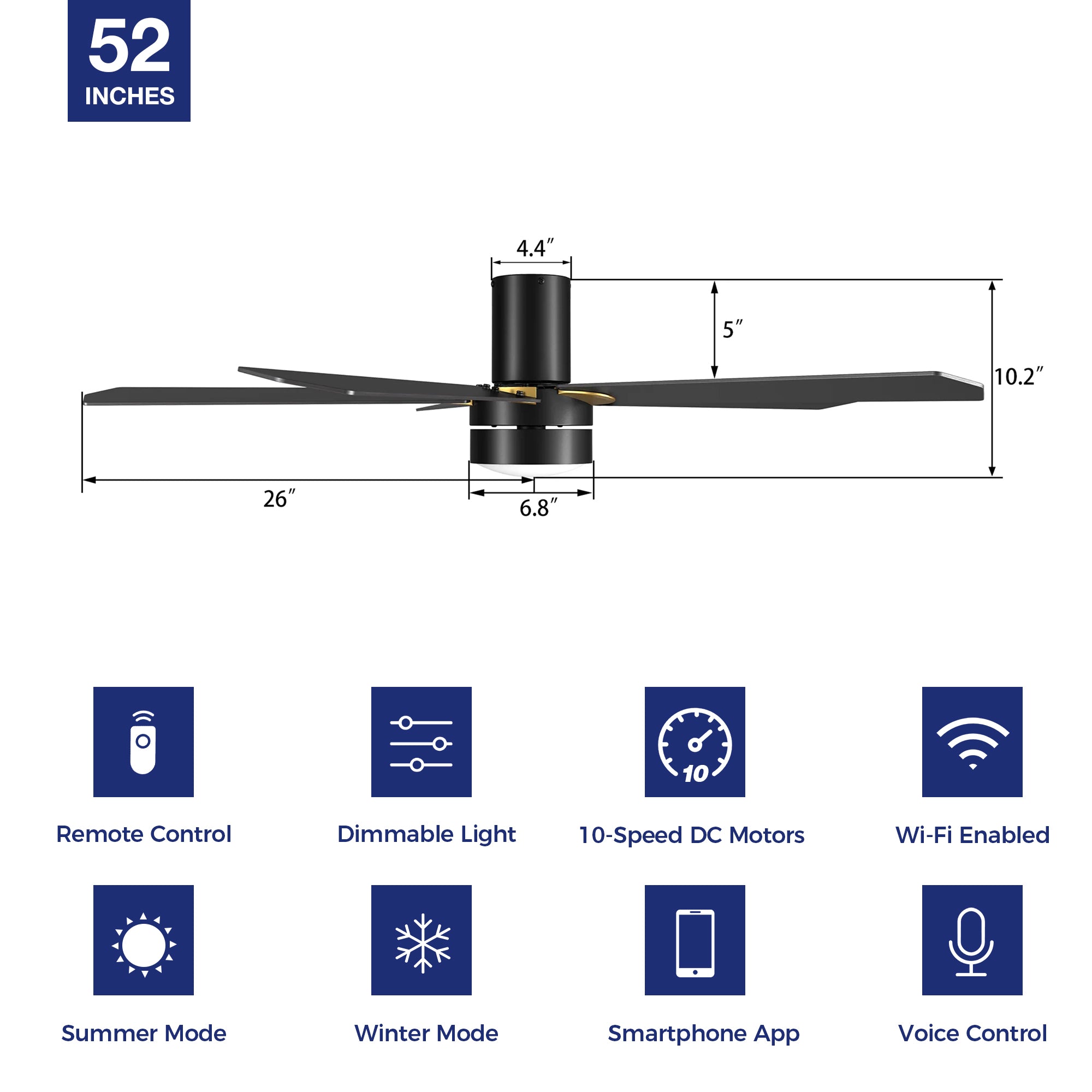 This Harlem 52&quot; smart ceiling fan keeps your space cool, bright, and stylish. It is a soft modern masterpiece perfect for your large indoor living spaces. This Wifi smart ceiling fan is a simplicity designing with Black finish, use elegant Plywood blades and has an integrated 4000K LED cool light. The fan features Remote control, Wi-Fi apps, Siri Shortcut and Voice control technology (compatible with Amazon Alexa and Google Home Assistant ) to set fan preferences.