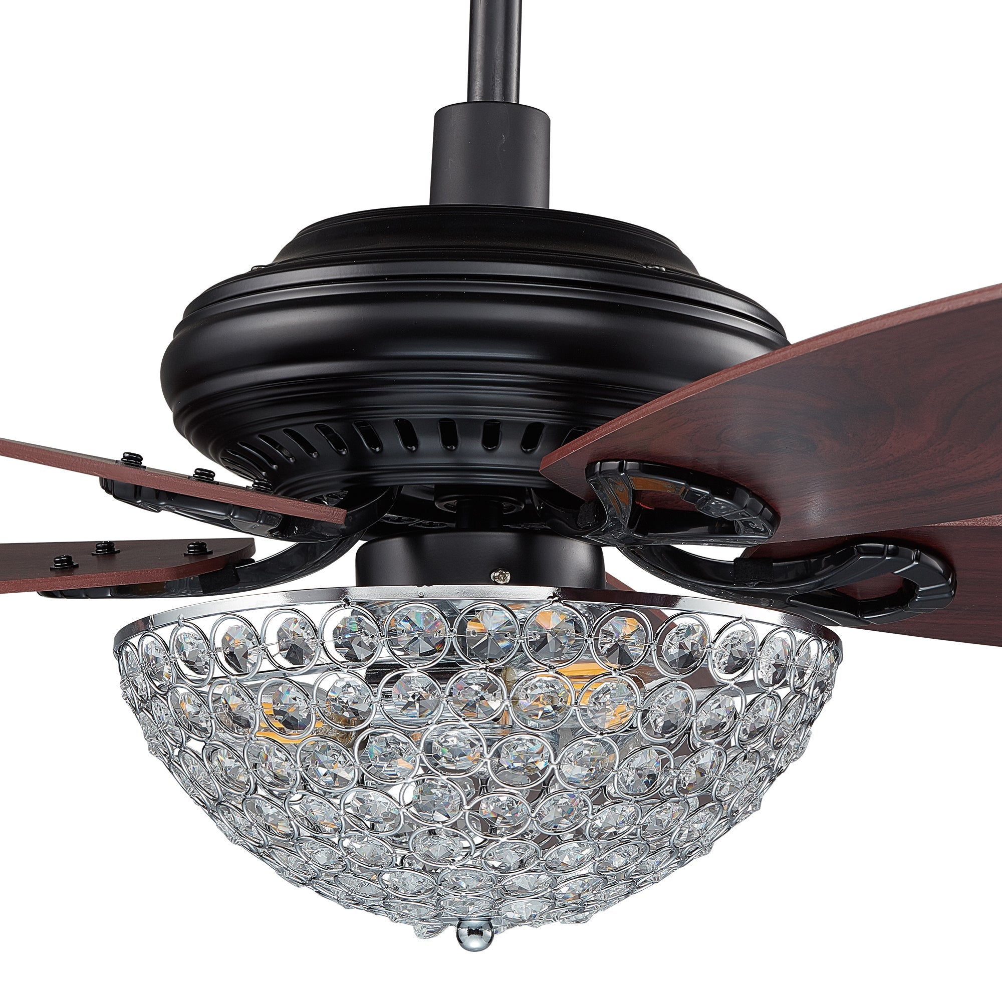 This Smafan Henderson 52&#39;&#39;/56&#39;&#39; Crystal ceiling fan keeps your space cool, bright, and stylish. It is a soft modern masterpiece perfect for your large indoor living spaces. This ceiling fan is a simplicity designing with black finish, use elegant Plywood blades and compatible with LED bulb(Not included). The fan features remote control.