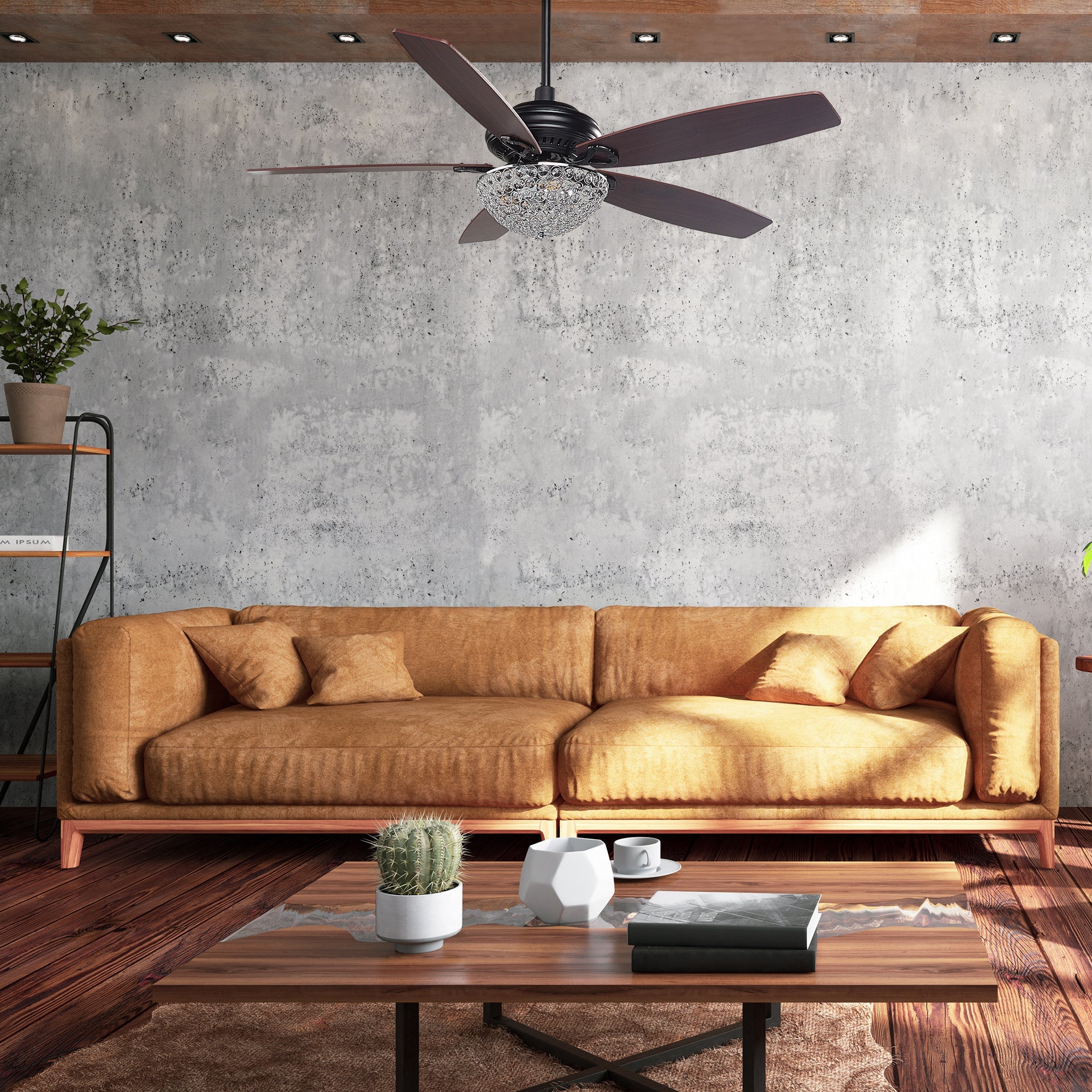 This Smafan Henderson 52&#39;&#39;/56&#39;&#39; Crystal ceiling fan keeps your space cool, bright, and stylish. It is a soft modern masterpiece perfect for your large indoor living spaces. This ceiling fan is a simplicity designing with black finish, use elegant Plywood blades and compatible with LED bulb(Not included). The fan features remote control.