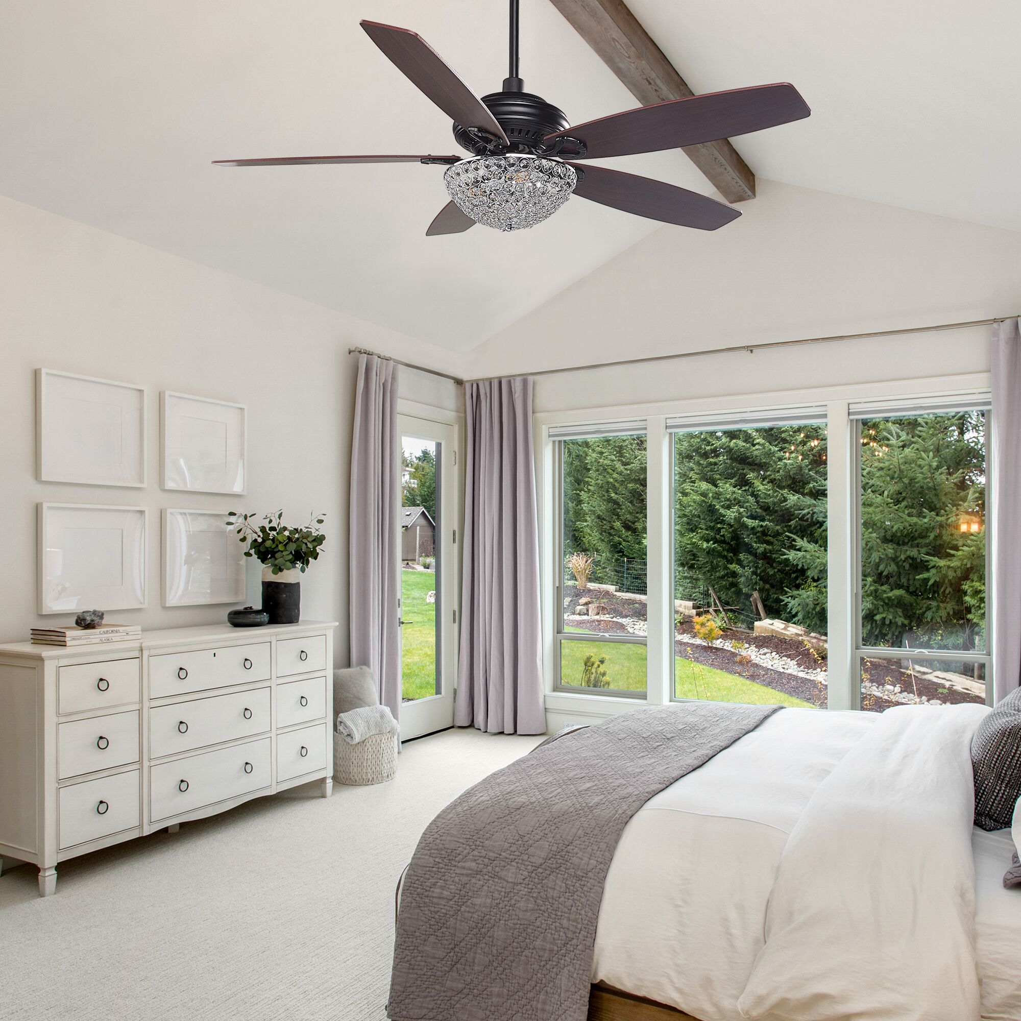 This Smafan Henderson 52''/56'' Crystal ceiling fan keeps your space cool, bright, and stylish. It is a soft modern masterpiece perfect for your large indoor living spaces. This ceiling fan is a simplicity designing with black finish, use elegant Plywood blades and compatible with LED bulb(Not included). The fan features remote control.