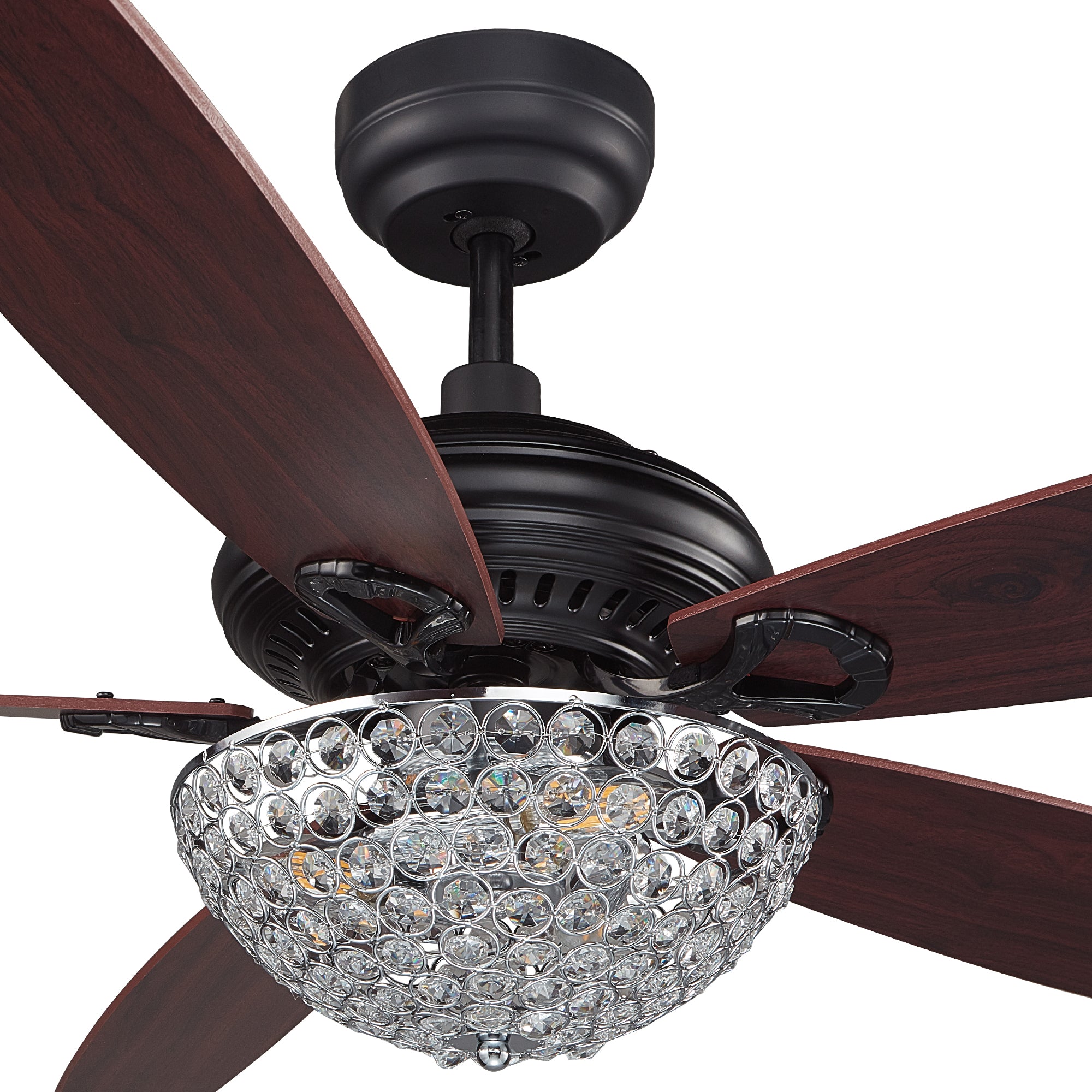 This Smafan Henderson 52''/56'' Crystal ceiling fan keeps your space cool, bright, and stylish. It is a soft modern masterpiece perfect for your large indoor living spaces. This ceiling fan is a simplicity designing with black finish, use elegant Plywood blades and compatible with LED bulb(Not included). The fan features remote control.