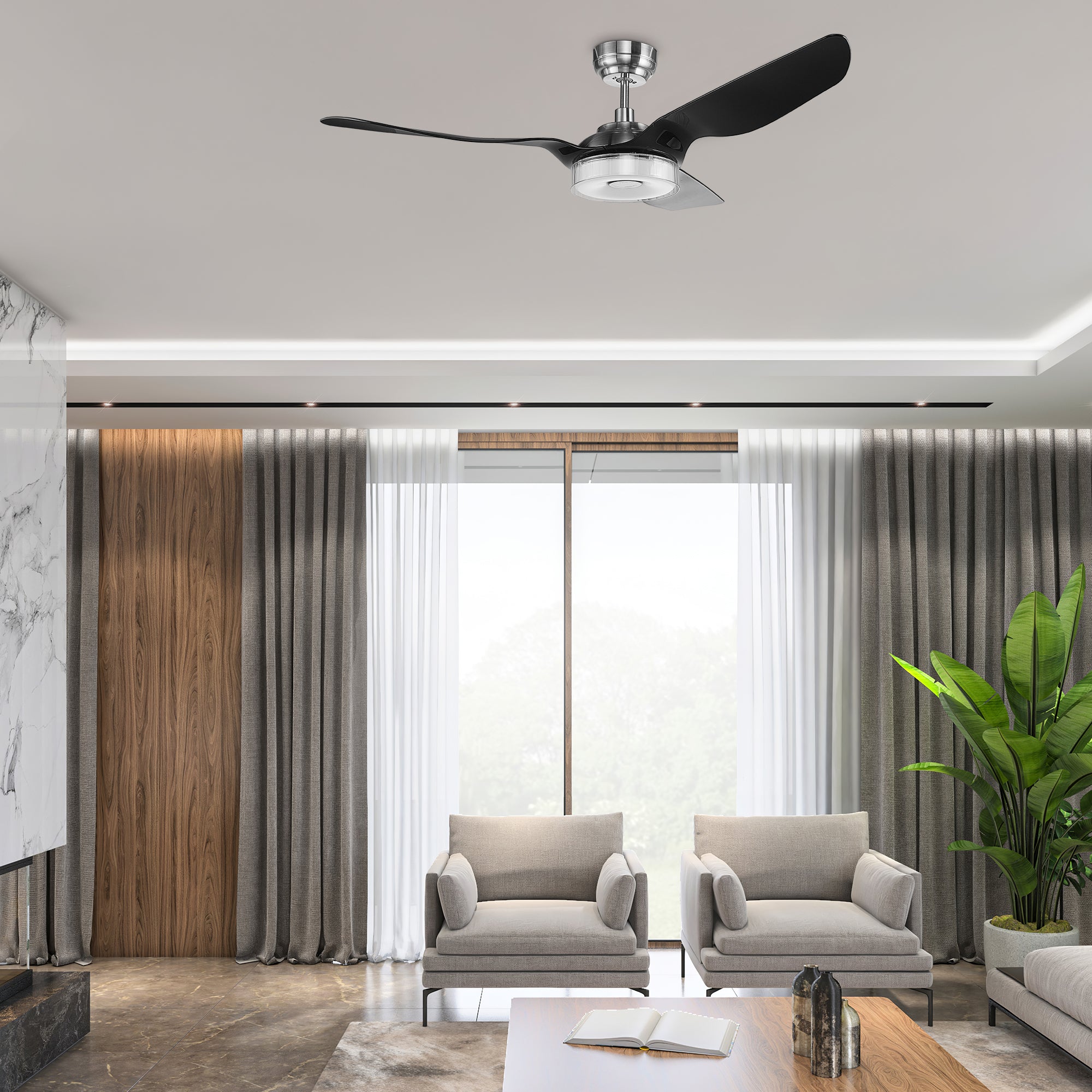 The Smafan 56'' Icebreaker smart fan delivers high and energy-efficient airflow in a sleek design. With dimmable integrated LED, 10-speed whisper-quiet DC motor, available remote, phone app, and voice integration control, and airfoils in classic white or black or clear, Icebreaker helps you enjoy your better life. #color_silver-black