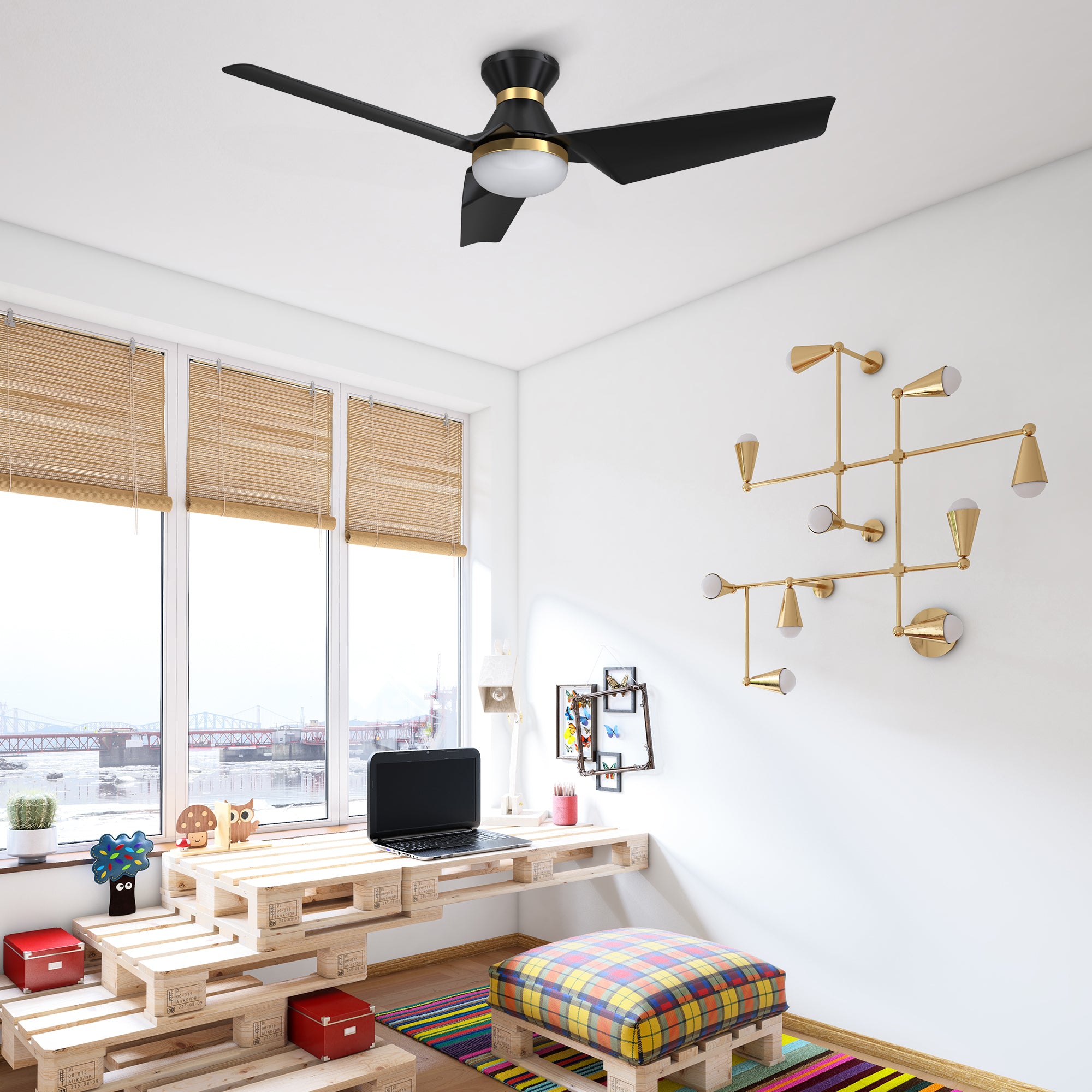 This Smafan Jett 52'' smart ceiling fan keeps your space cool, bright, and stylish. It is a soft modern masterpiece perfect for your large indoor living spaces. This Wifi smart ceiling fan is a simplicity designing with Black finish, use very strong ABS blades and has an integrated 4000K LED daylight.#color_Black&Gold
