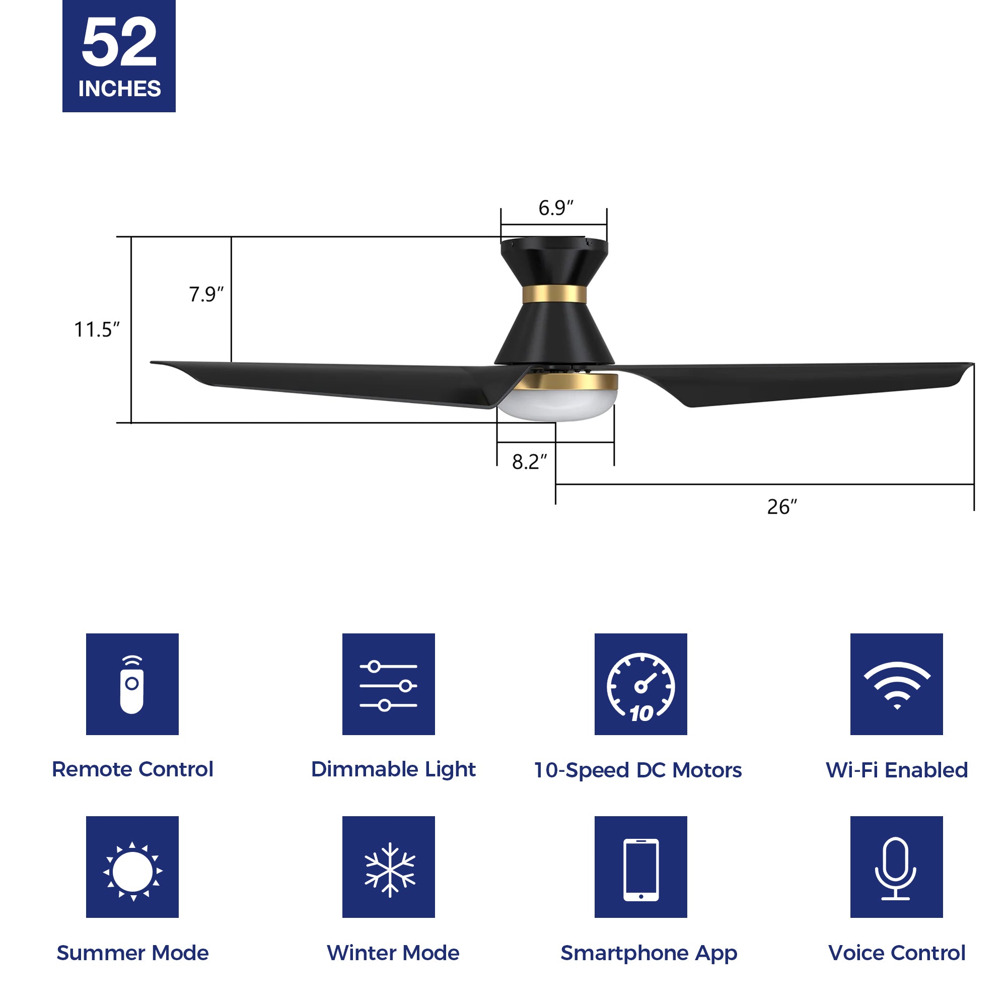 This Smafan Jett 52'' smart ceiling fan keeps your space cool, bright, and stylish. It is a soft modern masterpiece perfect for your large indoor living spaces. This Wifi smart ceiling fan is a simplicity designing with Black finish, use very strong ABS blades and has an integrated 4000K LED daylight.#color_Black&Gold