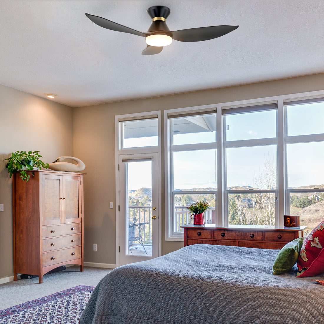 The Smafan Joliet Smart Ceiling Fan with 3 blades and a 45-iade of nch blade sweep with a swift modern appearance. Its compact size is perfect for smaller bedrooms.