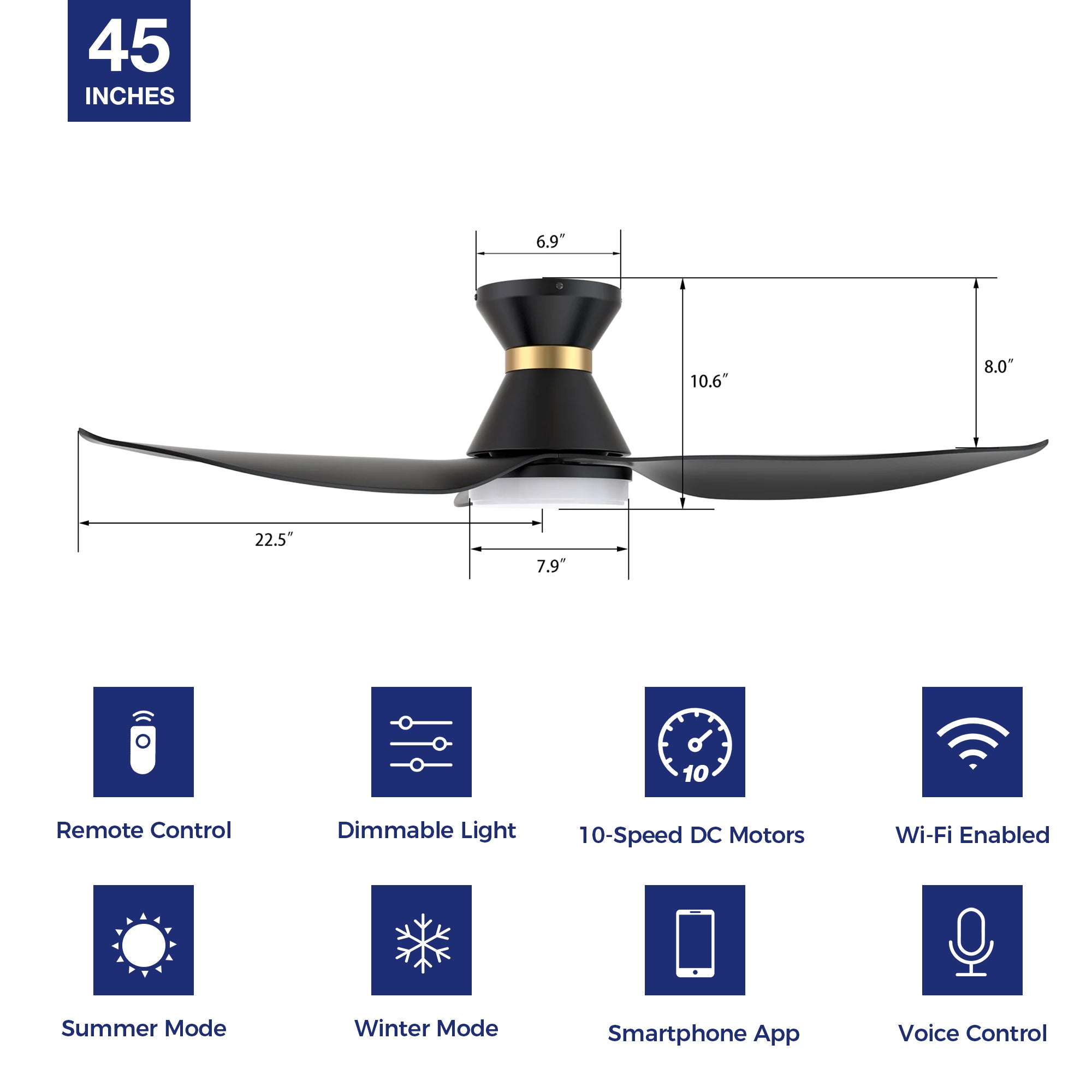 The Smafan Joliet Smart Ceiling Fan with 3 blades and a 45-iade of nch blade sweep with a swift modern appearance. Its compact size is perfect for smaller bedrooms. 
