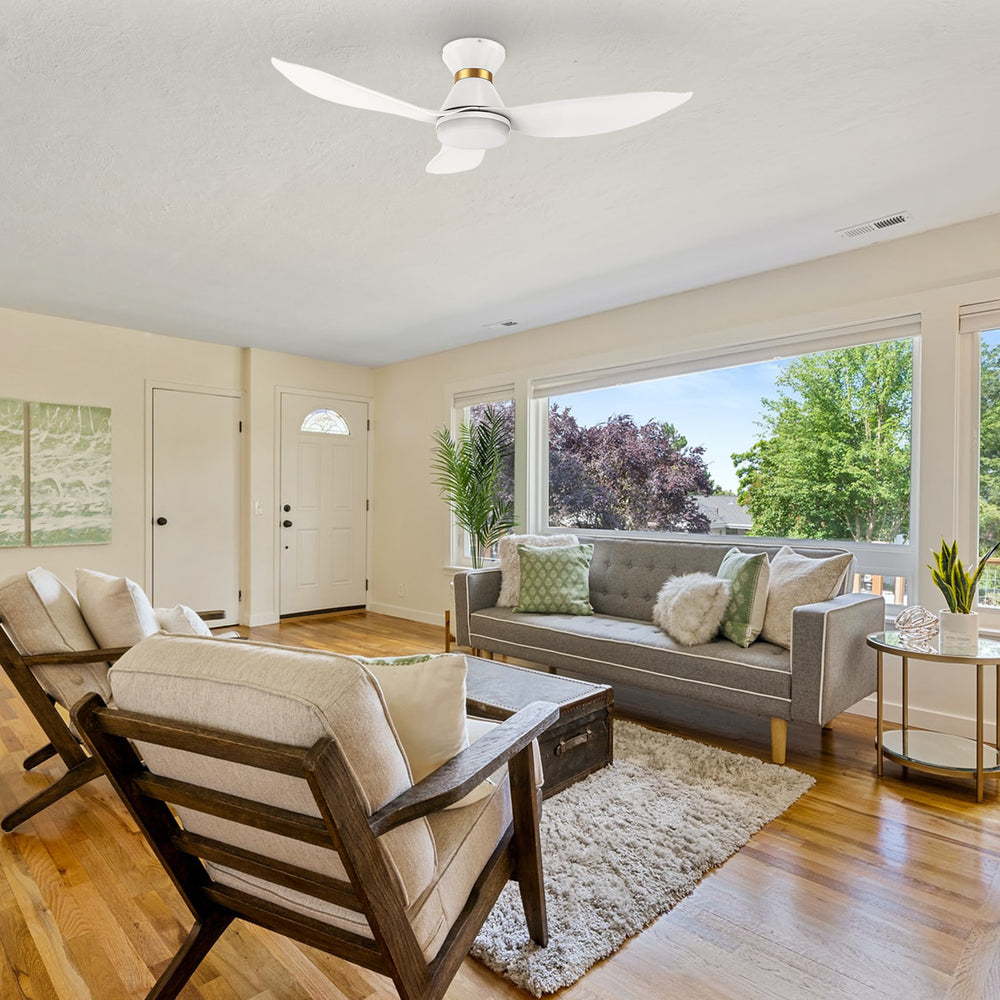 The Smafan Joliet Smart Ceiling Fan with 3 blades and a 45-iade of nch blade sweep with a swift modern appearance. Its compact size is perfect for smaller bedrooms. 