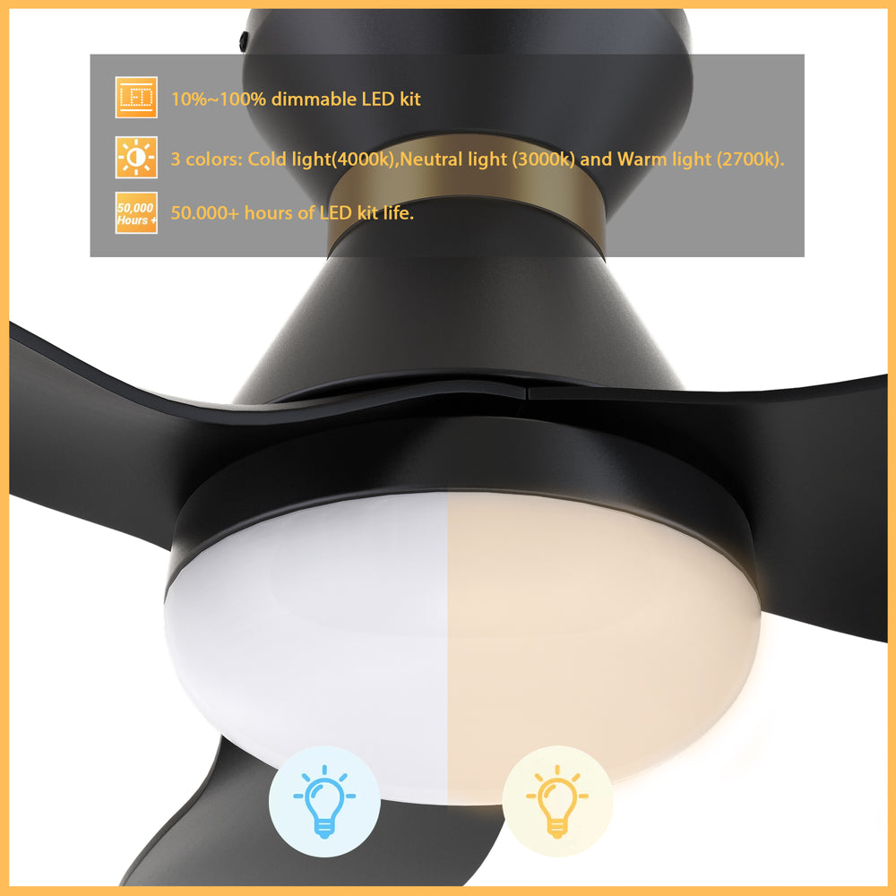 A close-up view of a 45-inch Joliet flush-mount smart ceiling fan in black and gold with an integrated light, showcasing a dimmable LED kit that offers 10%-100% dimming and three color options: cold light (4000k), neutral light (3000k), and warm light (2700k), with a lifespan of over 50,000 hours. The light is shown split into cold and warm tones, with icons indicating the adjustable settings. 