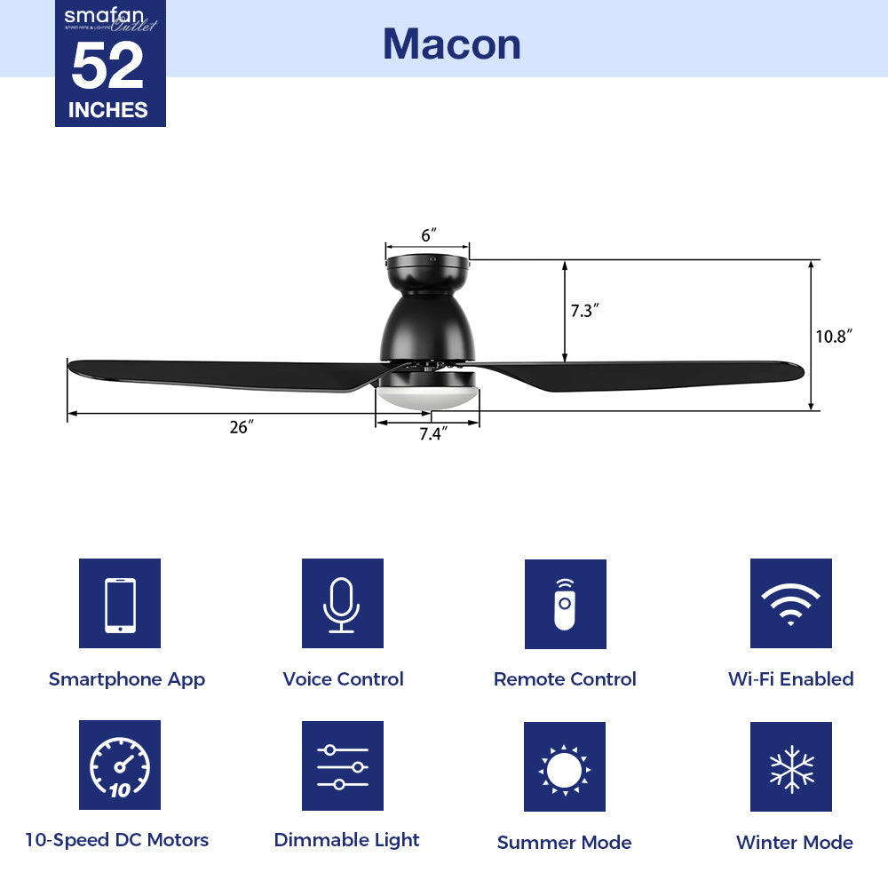 Smart Features: Never leave the fan on by accident again! Use the Macon’s smart scheduling and timer features to automatically turn your fan on or off at precise times. Multiple Control Options: Control your smart ceiling fan with lights from anywhere in your home using the remote control and voice control (when connected to Alexa, Google Assistant, and Siri Shortcuts); you can also control your fan while you’re away from home using the Carro Home App. 