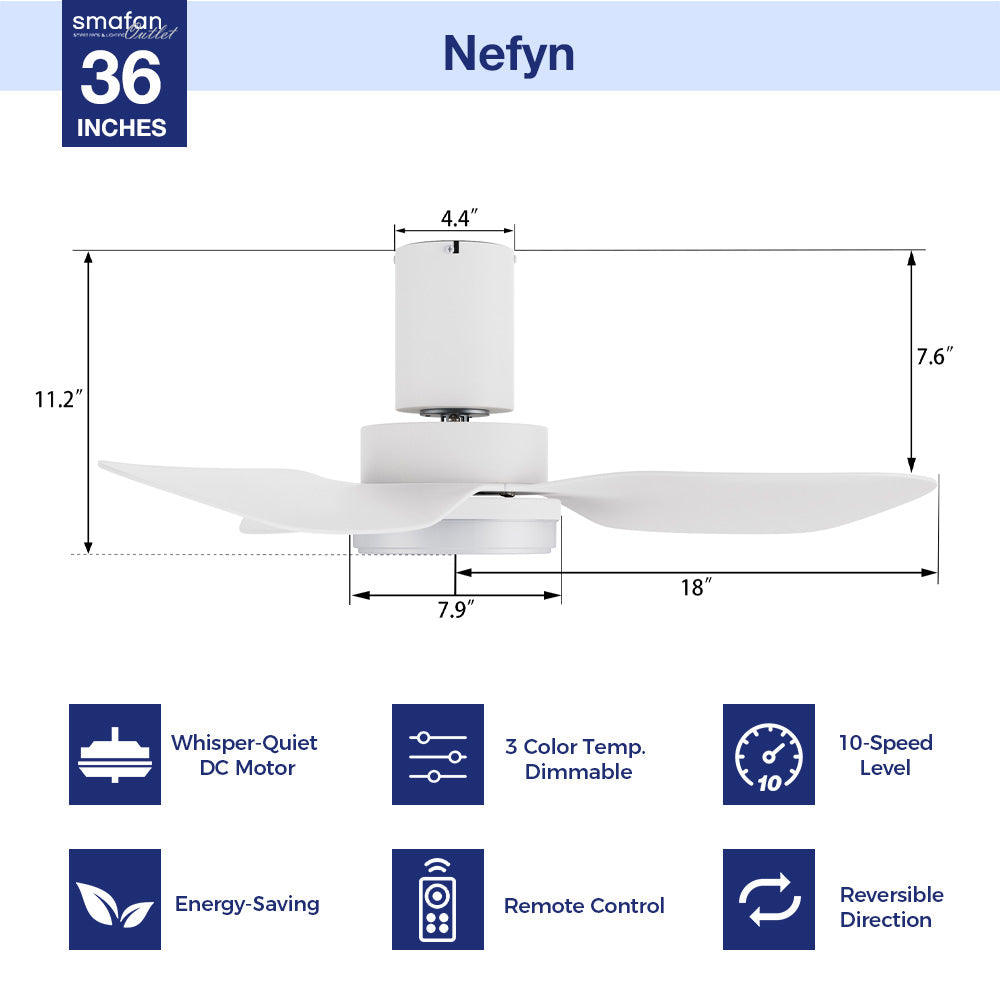 No space is too small for the Nefyn 36/45 inches flush mount ceiling fan! Designed with a compact exterior, a flush mount, an advanced DC motor, and luminous LED lighting. The Nefyn remote control ceiling fan is available in a black or white finish to contrast elegantly or blend seamlessly into the decor of your preference. 
