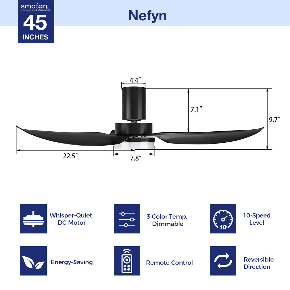 No space is too small for the Nefyn 36/45 inches flush mount ceiling fan! Designed with a compact exterior, a flush mount, an advanced DC motor, and luminous LED lighting. The Nefyn remote control ceiling fan is available in a black or white finish to contrast elegantly or blend seamlessly into the decor of your preference. 