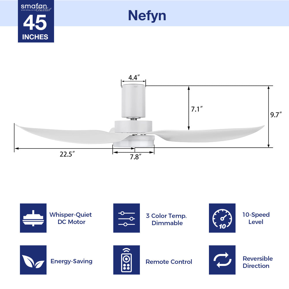 No space is too small for the Nefyn 36/45 inches flush mount ceiling fan! Designed with a compact exterior, a flush mount, an advanced DC motor, and luminous LED lighting. The Nefyn remote control ceiling fan is available in a black or white finish to contrast elegantly or blend seamlessly into the decor of your preference. 