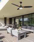 Smafan Carro Raddix 52 inch smart outdoor ceiling fan, 3 pure black fan blades design, 6 inch downrod included, installed in outdoor patio.
