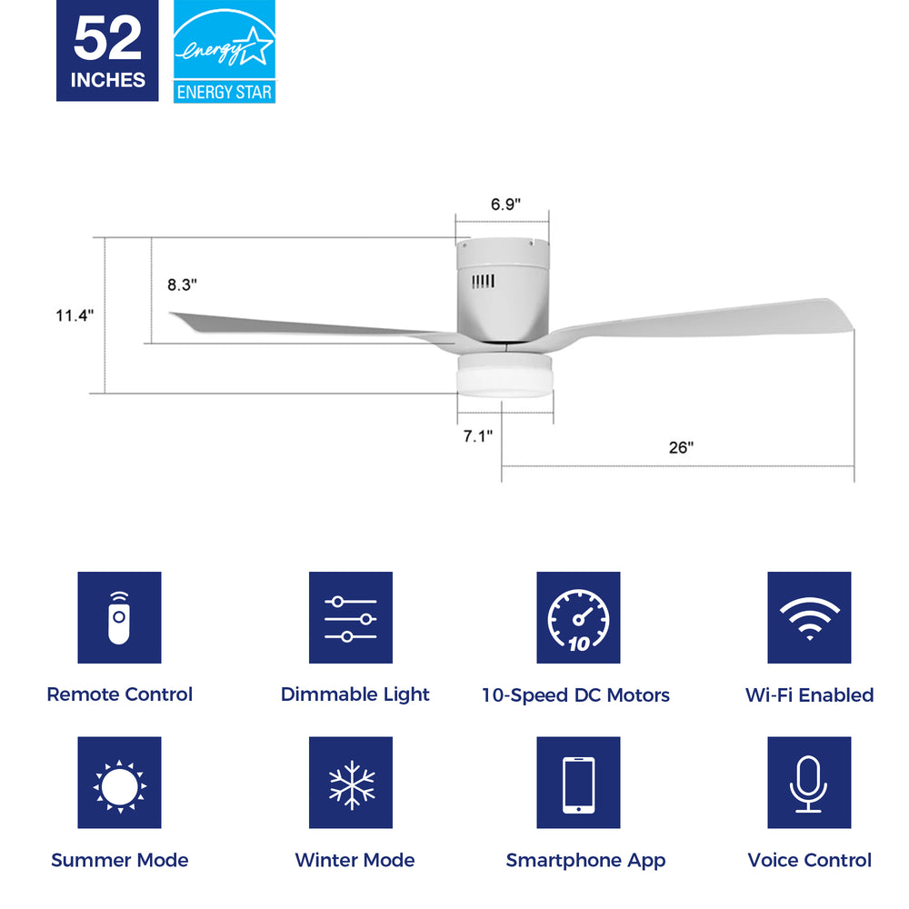 This Smafan Striver 52&#39;&#39; smart ceiling fan features with Remote control, Wi-Fi apps Amazon Alexa and Google Assistant.It is modern,elegant and energy efficient.Perfect for your both indoor and outdoor spaces. 