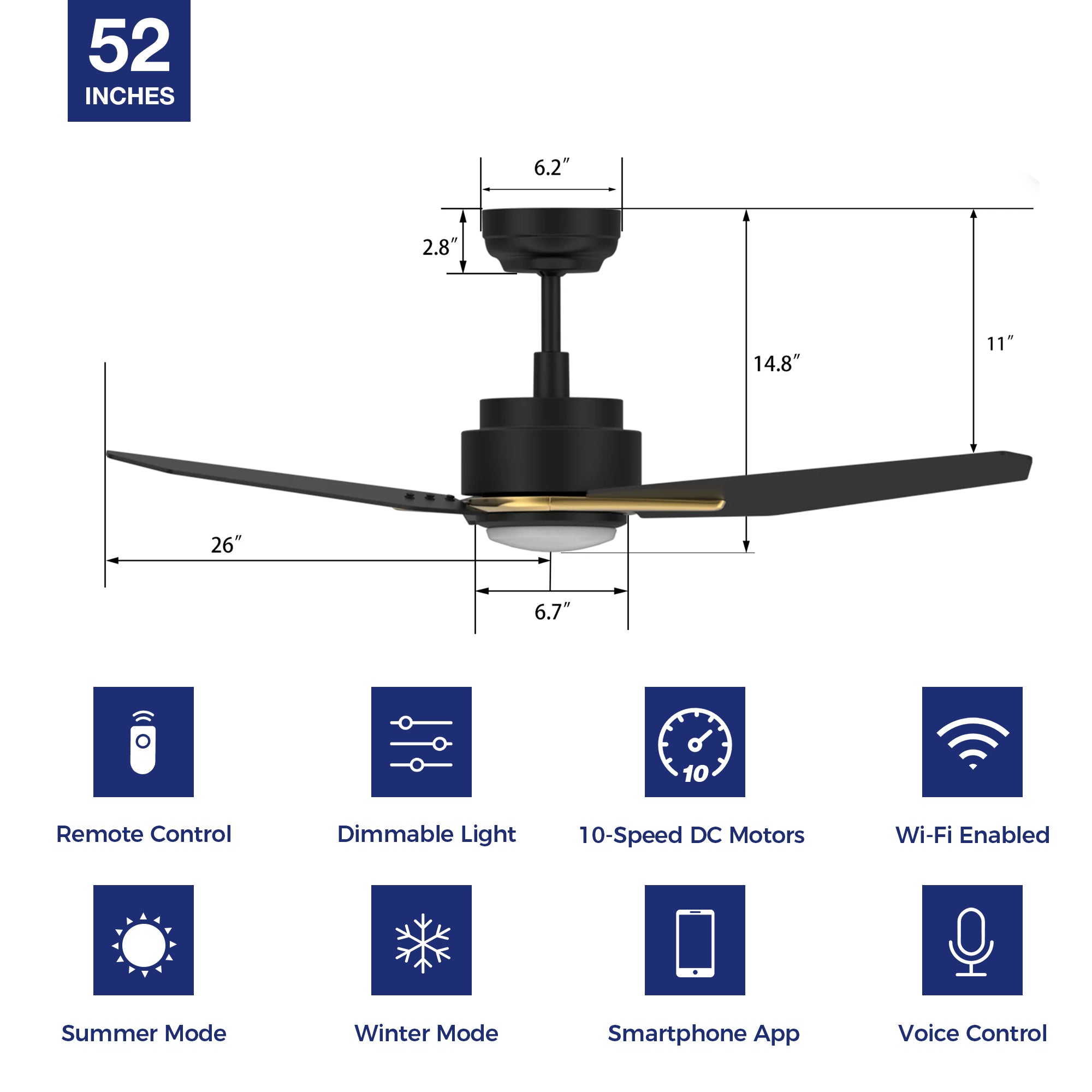 This Smafan Tilbury 52&#39;&#39; smart ceiling fan keeps your space cool, bright, and stylish. It is a soft modern masterpiece perfect for your large indoor living spaces. This Wifi smart ceiling fan is a simplicity designing with Black finish, use elegant Plywood blades and has an integrated 4000K LED daylight.