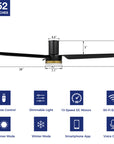 This Topeka 52" smart ceiling fan keeps your space cool, bright, and stylish. It is a soft modern masterpiece perfect for your large indoor living spaces. This Wifi smart ceiling fan is a simplicity designing with Black finish, use very strong ABS blades and has an integrated 4000K LED cool light. The fan features Remote control, Wi-Fi apps, Siri Shortcut and Voice control technology (compatible with Amazon Alexa and Google Home Assistant ) to set fan preferences.