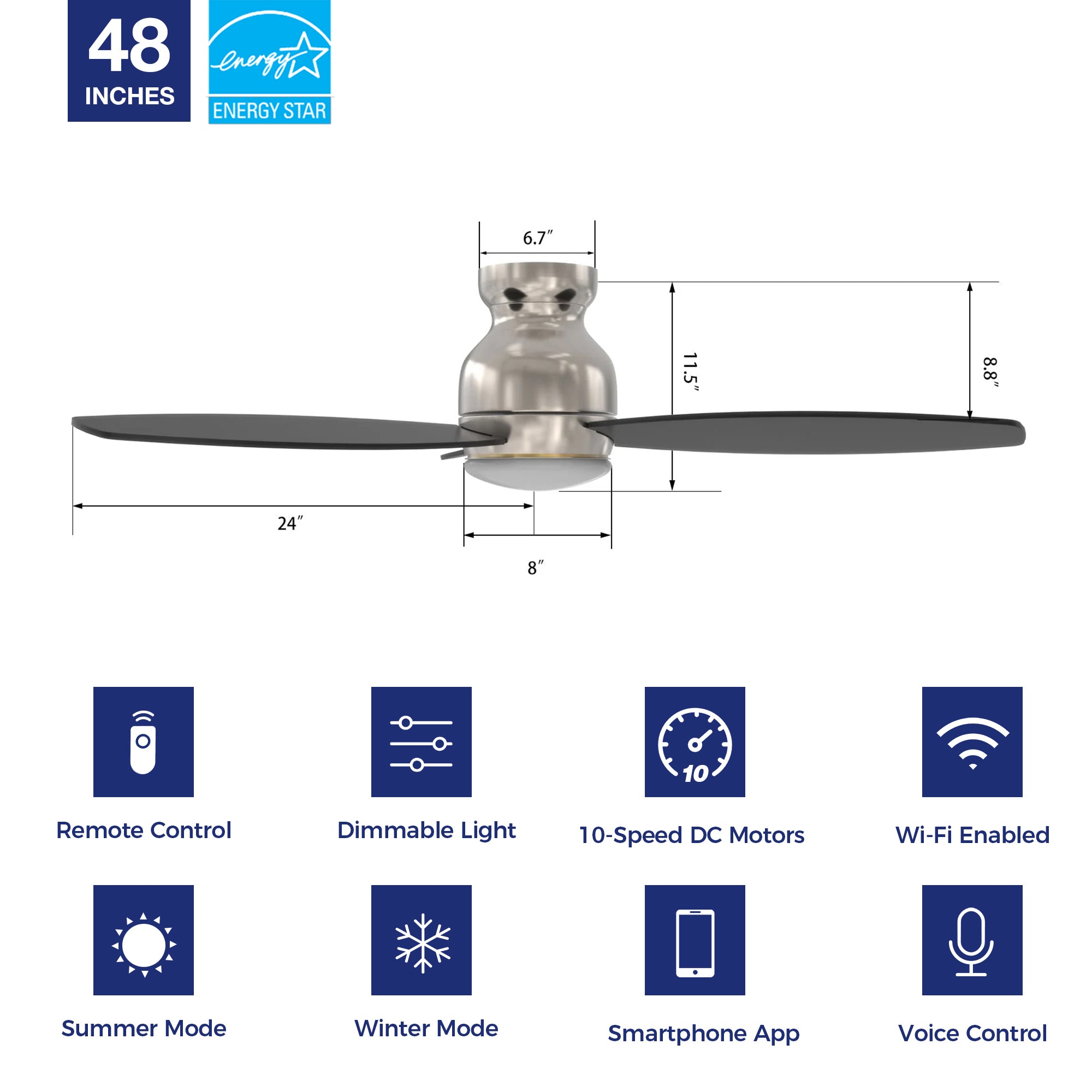 The Smafan 48&#39;&#39; Trendsetter smart ceiling fan keeps your space cool, bright, and stylish. It is a soft modern masterpiece perfect for your large indoor living spaces. This Wifi smart ceiling fan is a simplicity designing with Black finish, use elegant Plywood blades and has an integrated 4000K LED daylight. The fan features Remote control, Wi-Fi apps, Siri Shortcut and Voice control technology (compatible with Amazon Alexa and Google Home Assistant ) to set fan preferences.