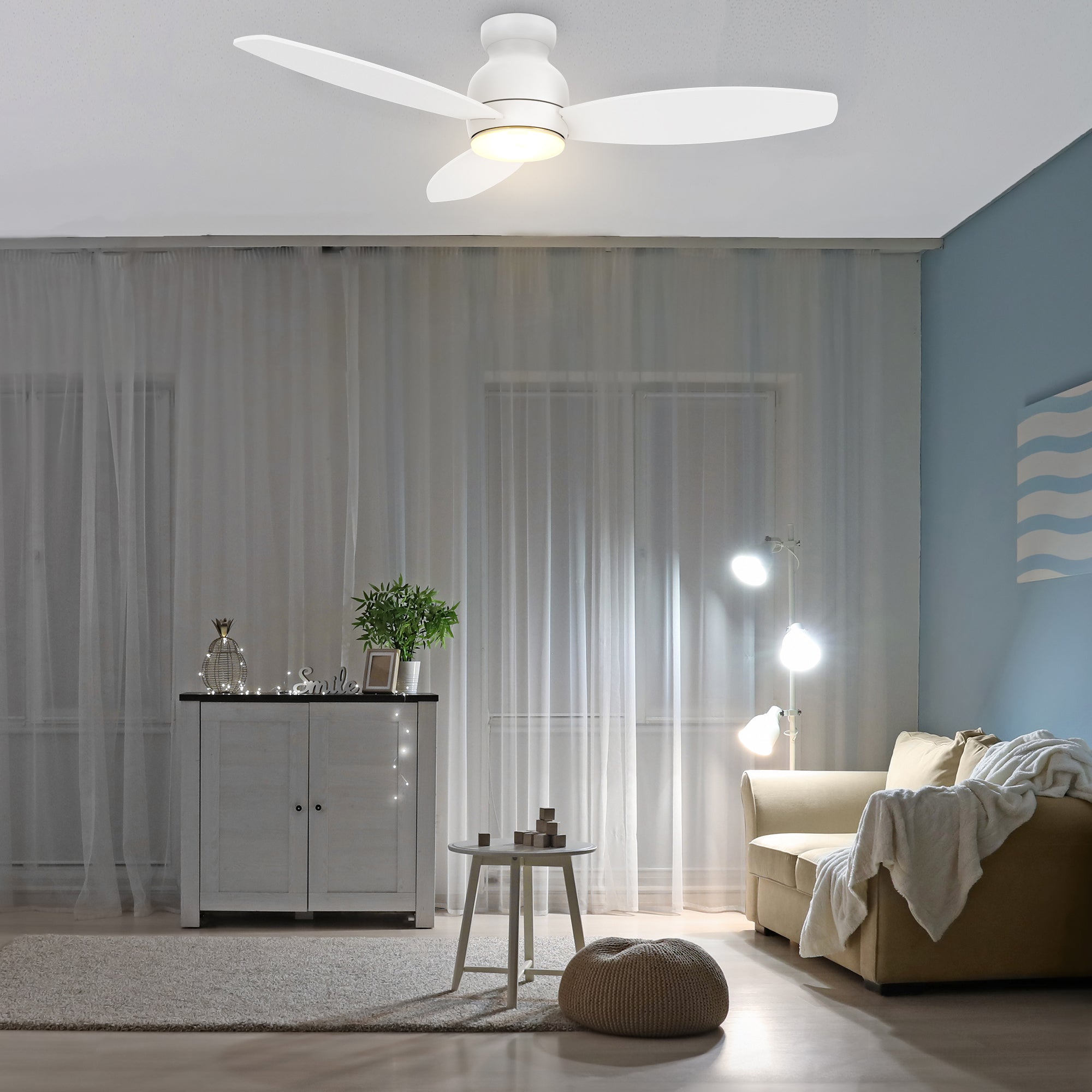 The Smafan 52'' Trendsetter smart ceiling fan keeps your space cool, bright, and stylish. It is a soft modern masterpiece perfect for your large indoor living spaces. This Wifi smart ceiling fan is a simplicity designing with Black finish, use elegant Plywood blades and has an integrated 4000K LED daylight. The fan features Remote control, Wi-Fi apps, Siri Shortcut and Voice control technology (compatible with Amazon Alexa and Google Home Assistant ) to set fan preferences.#color_white