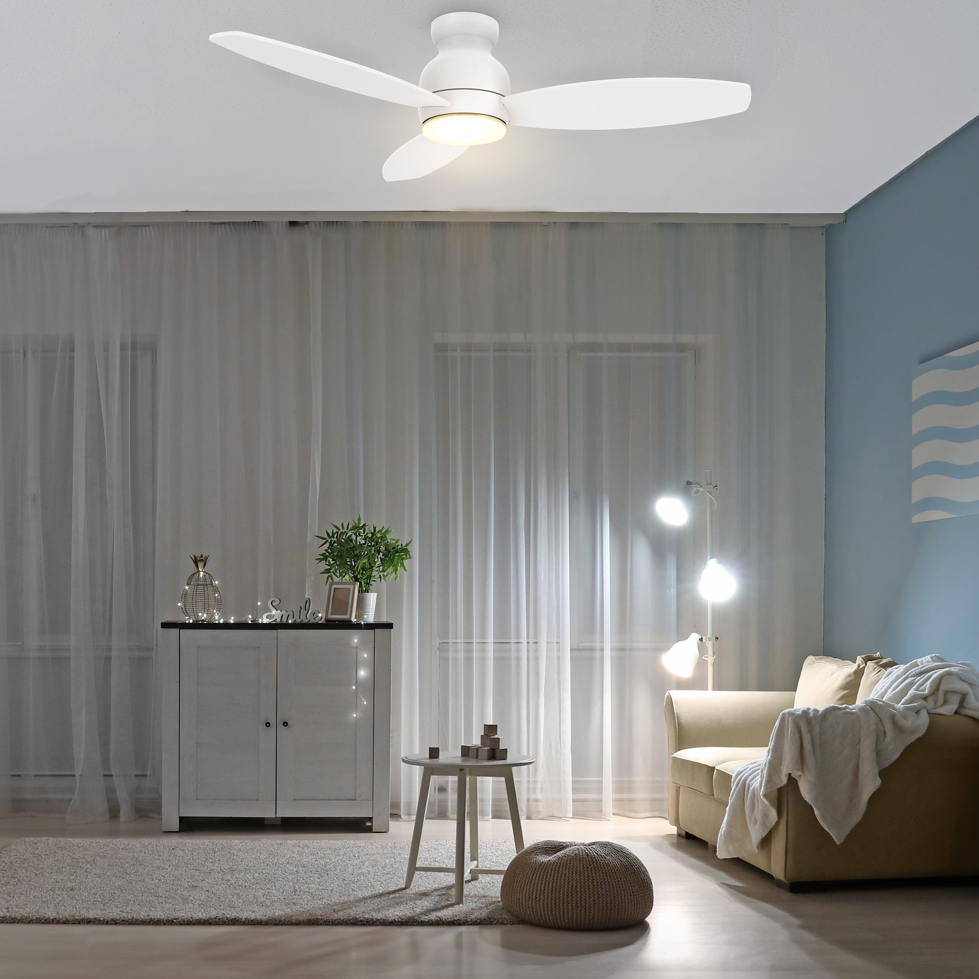 The Smafan 52&#39;&#39; Trendsetter smart ceiling fan keeps your space cool, bright, and stylish. It is a soft modern masterpiece perfect for your large indoor living spaces. This Wifi smart ceiling fan is a simplicity designing with Black finish, use elegant Plywood blades and has an integrated 4000K LED daylight. The fan features Remote control, Wi-Fi apps, Siri Shortcut and Voice control technology (compatible with Amazon Alexa and Google Home Assistant ) to set fan preferences.