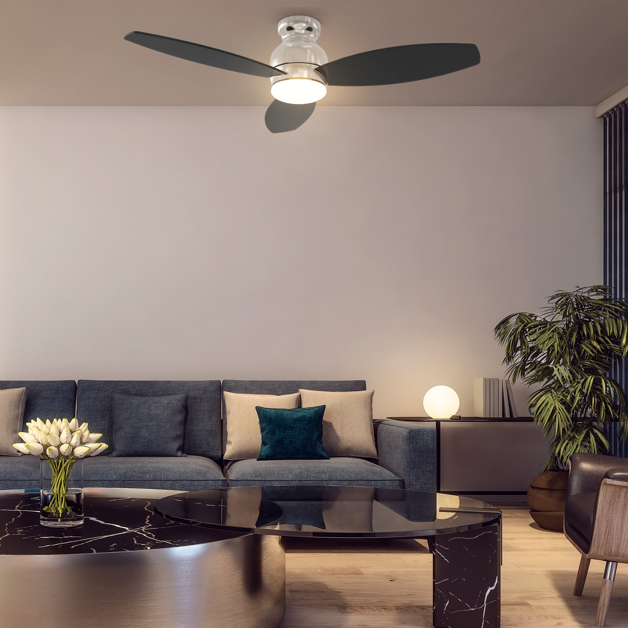 The Smafan 52&#39;&#39; Trendsetter smart ceiling fan keeps your space cool, bright, and stylish. It is a soft modern masterpiece perfect for your large indoor living spaces. This Wifi smart ceiling fan is a simplicity designing with Black finish, use elegant Plywood blades and has an integrated 4000K LED daylight. 