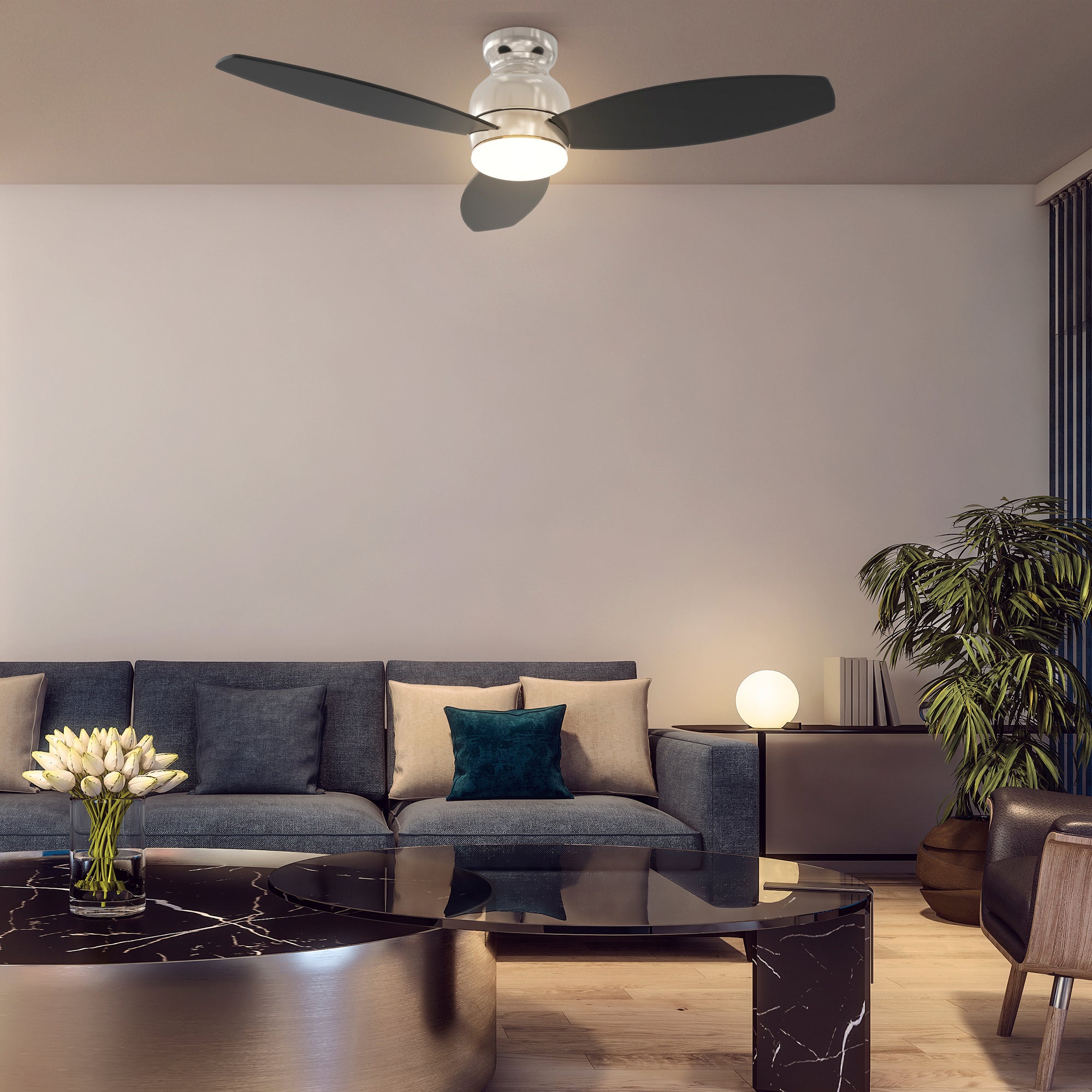 The Smafan 52'' Trendsetter smart ceiling fan keeps your space cool, bright, and stylish. It is a soft modern masterpiece perfect for your large indoor living spaces. This Wifi smart ceiling fan is a simplicity designing with Black finish, use elegant Plywood blades and has an integrated 4000K LED daylight. #color_black