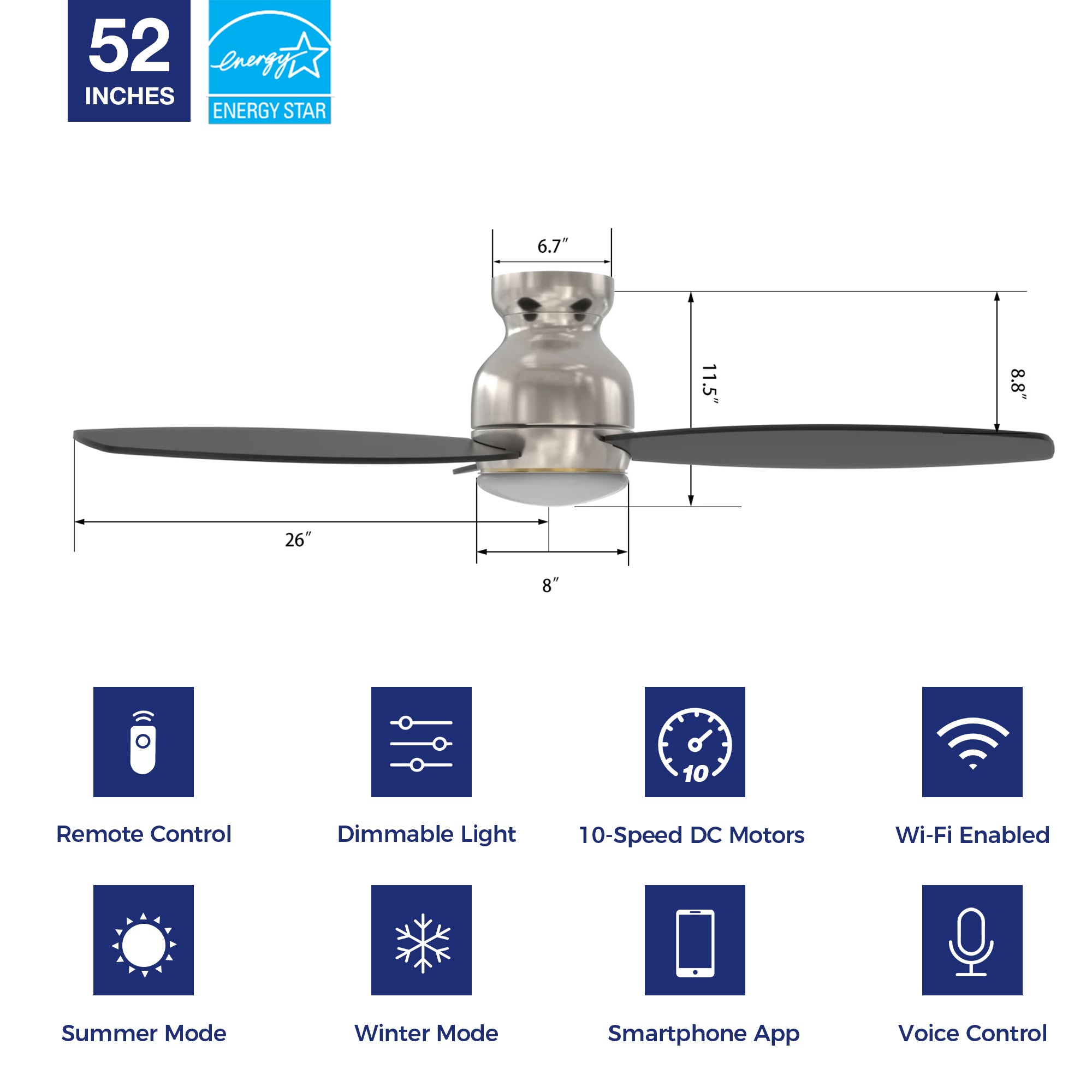 The Smafan 52'' Trendsetter smart ceiling fan keeps your space cool, bright, and stylish. It is a soft modern masterpiece perfect for your large indoor living spaces. This Wifi smart ceiling fan is a simplicity designing with Black finish, use elegant Plywood blades and has an integrated 4000K LED daylight. #color_black