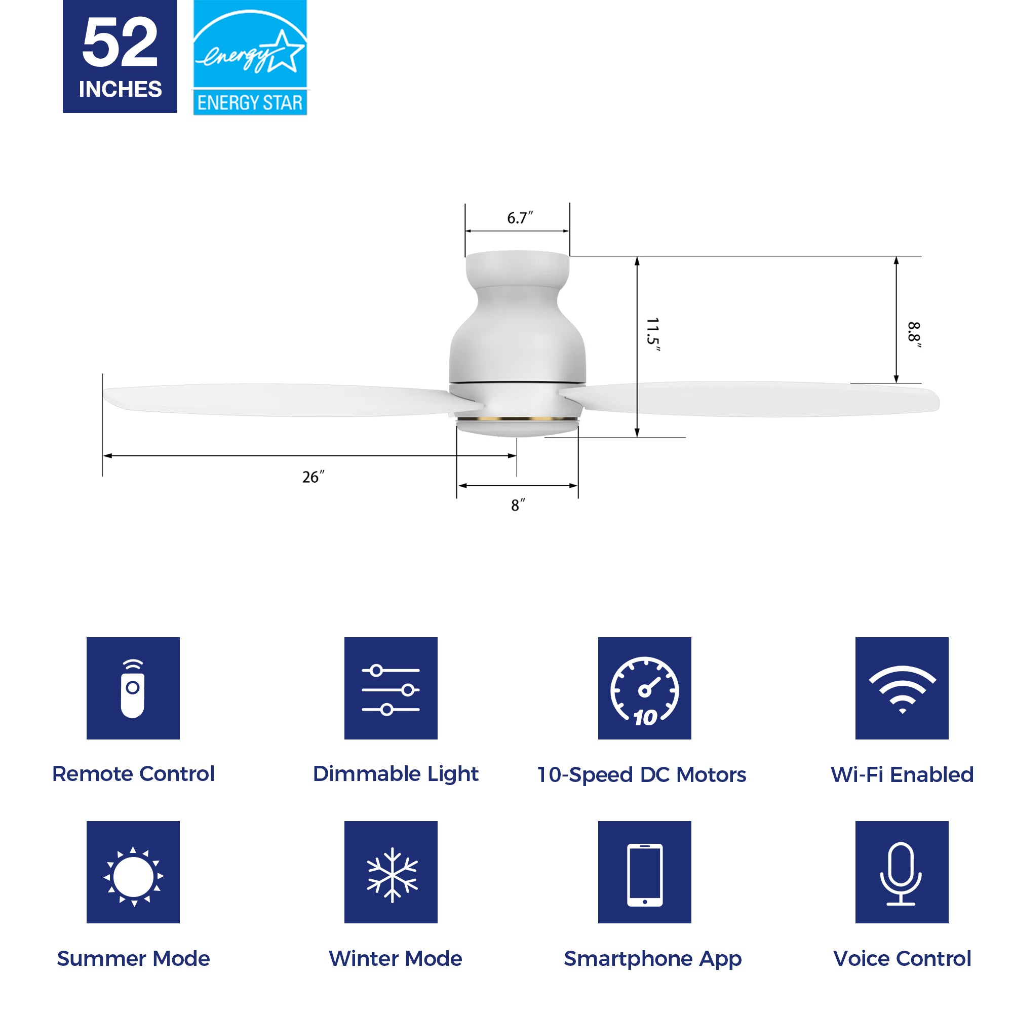 The Smafan 52'' Trendsetter smart ceiling fan keeps your space cool, bright, and stylish. It is a soft modern masterpiece perfect for your large indoor living spaces. This Wifi smart ceiling fan is a simplicity designing with Black finish, use elegant Plywood blades and has an integrated 4000K LED daylight. The fan features Remote control, Wi-Fi apps, Siri Shortcut and Voice control technology (compatible with Amazon Alexa and Google Home Assistant ) to set fan preferences.#color_white