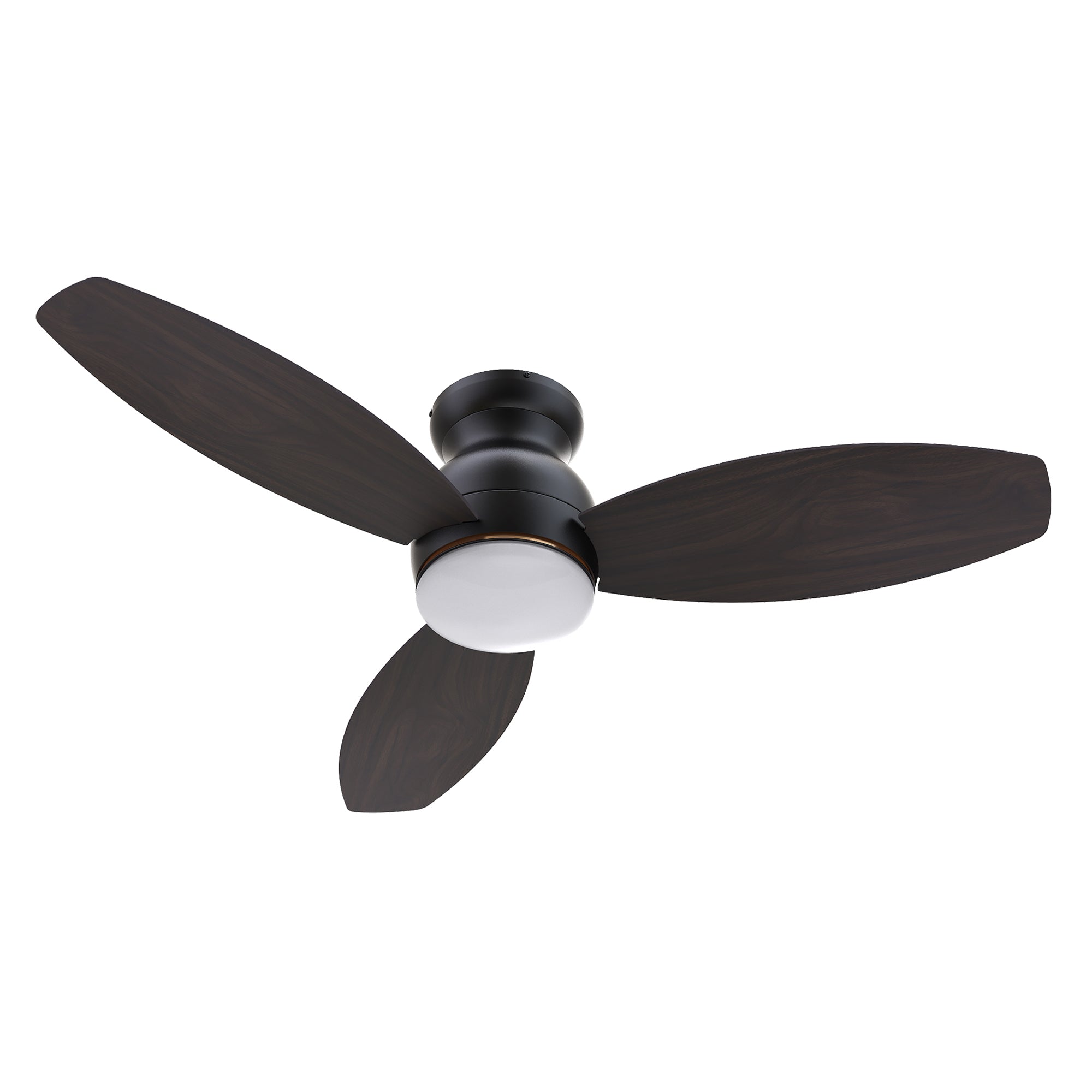 The Smafan Trendsetter Smart Ceiling Fan with 3 blades and a 60-inch blade sweep with a flush mounted motor case and tropical inspired blades. The wide paddle shaped fan blades are elegant Plywood blades. The motor case is a Black finish and one of our few flush mounted DC motor fans #color_wood