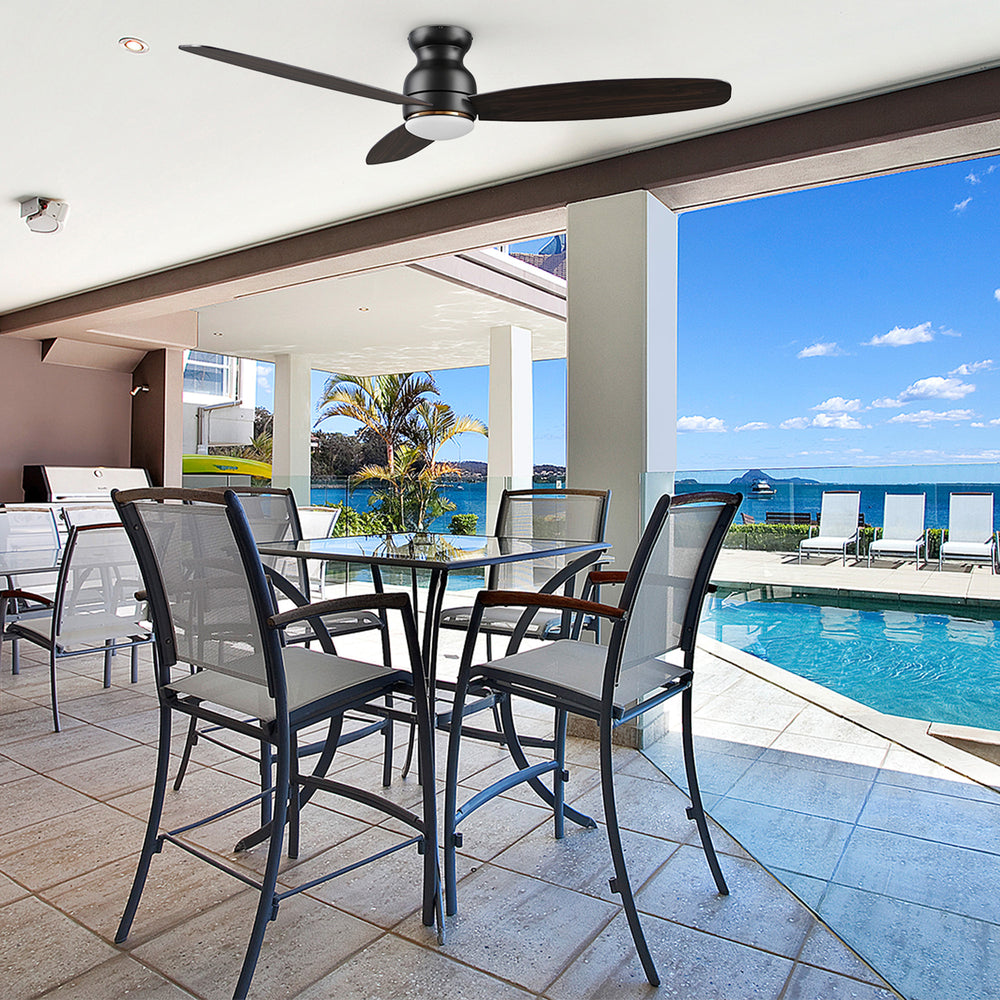 The Smafan Trendsetter Smart Ceiling Fan with 3 blades and a 60-inch blade sweep with a flush mounted motor case and tropical inspired blades. The wide paddle shaped fan blades are elegant Plywood blades. The motor case is a Black finish and one of our few flush mounted DC motor fans 