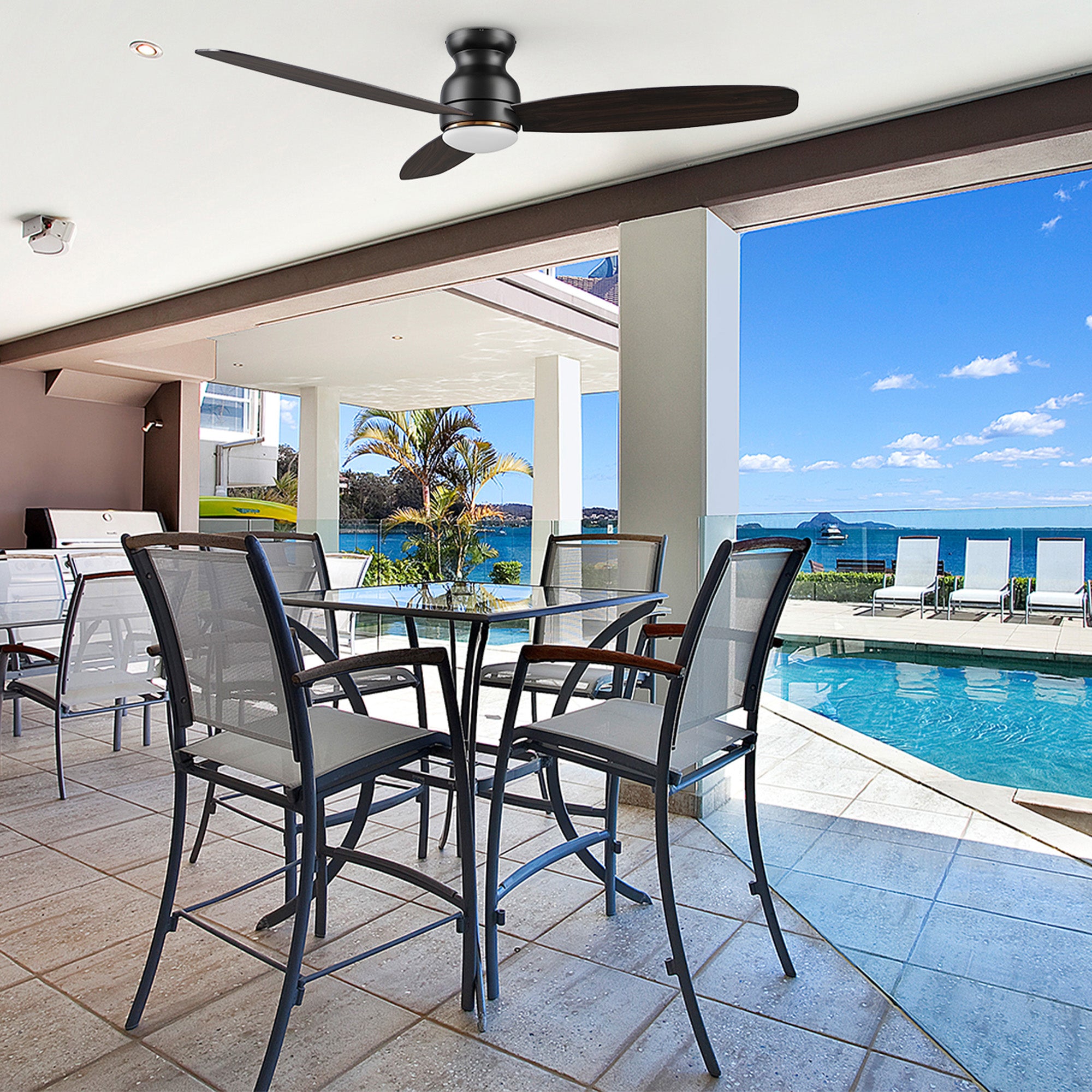 The Smafan Trendsetter Smart Ceiling Fan with 3 blades and a 60-inch blade sweep with a flush mounted motor case and tropical inspired blades. The wide paddle shaped fan blades are elegant Plywood blades. The motor case is a Black finish and one of our few flush mounted DC motor fans 