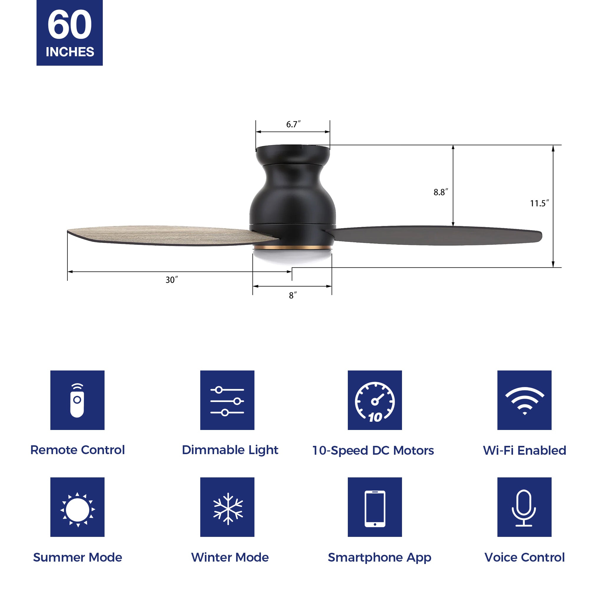 The Smafan Trendsetter Smart Ceiling Fan with 3 blades and a 60-inch blade sweep with a flush mounted motor case and tropical inspired blades. The wide paddle shaped fan blades are elegant Plywood blades. The motor case is a Black finish and one of our few flush mounted DC motor fans. #color_wood