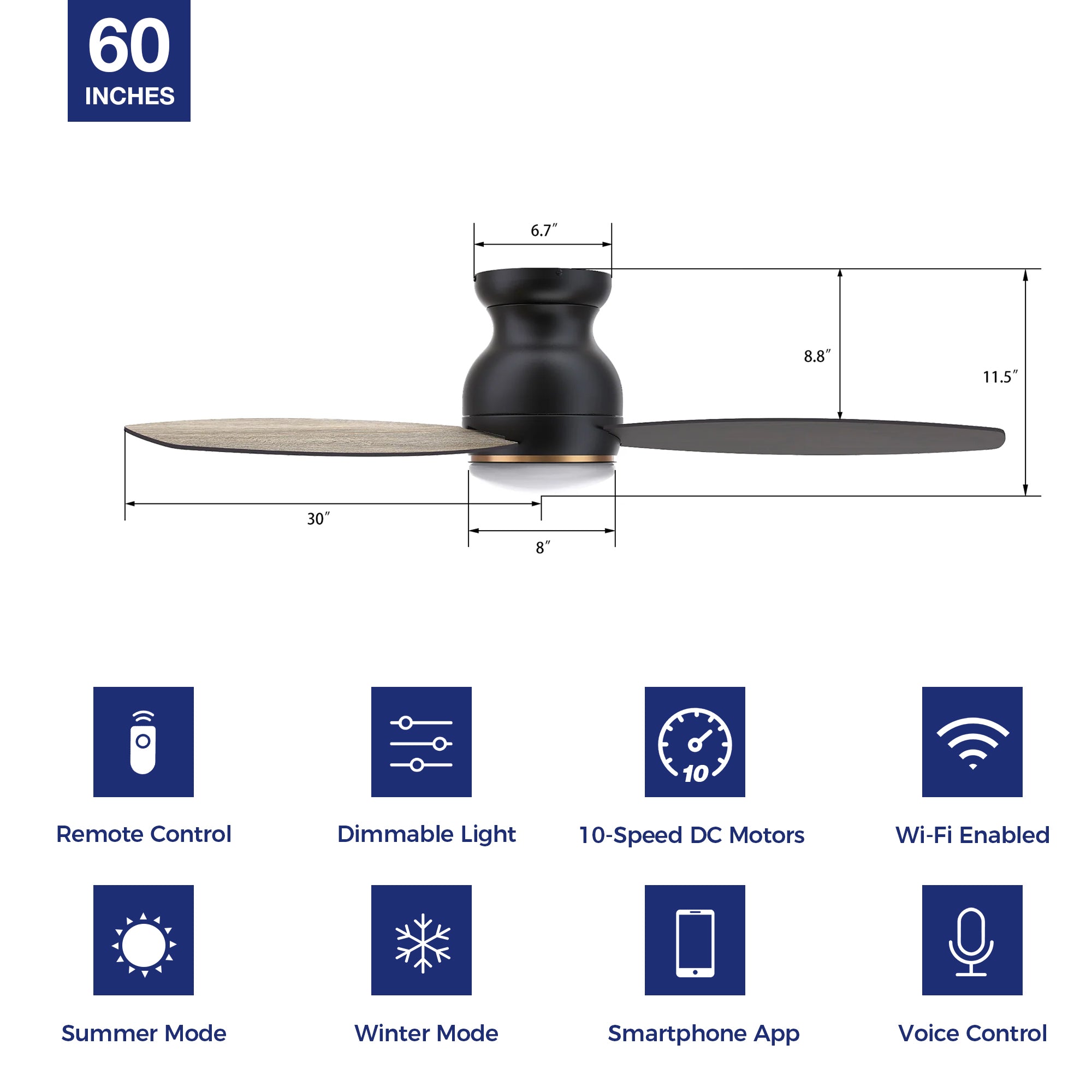 The Smafan Trendsetter Smart Ceiling Fan with 3 blades and a 60-inch blade sweep with a flush mounted motor case and tropical inspired blades. The wide paddle shaped fan blades are elegant Plywood blades. The motor case is a Black finish and one of our few flush mounted DC motor fans